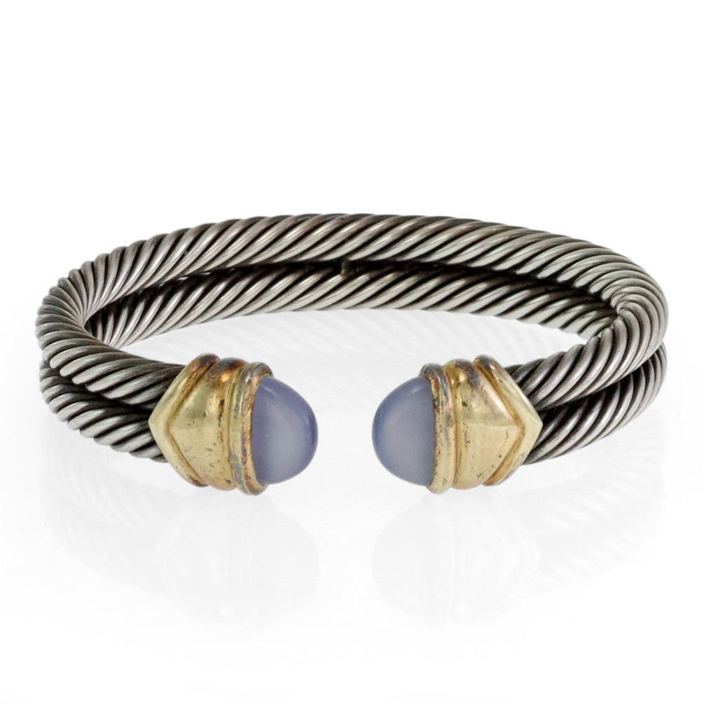 David Yurman Chalcedony Cuff Bracelet Sterling Silver 14k Gold Double Cable: David Yurman Chalcedony Cuff Bracelet Sterling Silver 14k Gold Double Cable Enhance your jewelry collection with this authentic David Yurman cuff bracelet, elegantly crafted from sterling silver and a