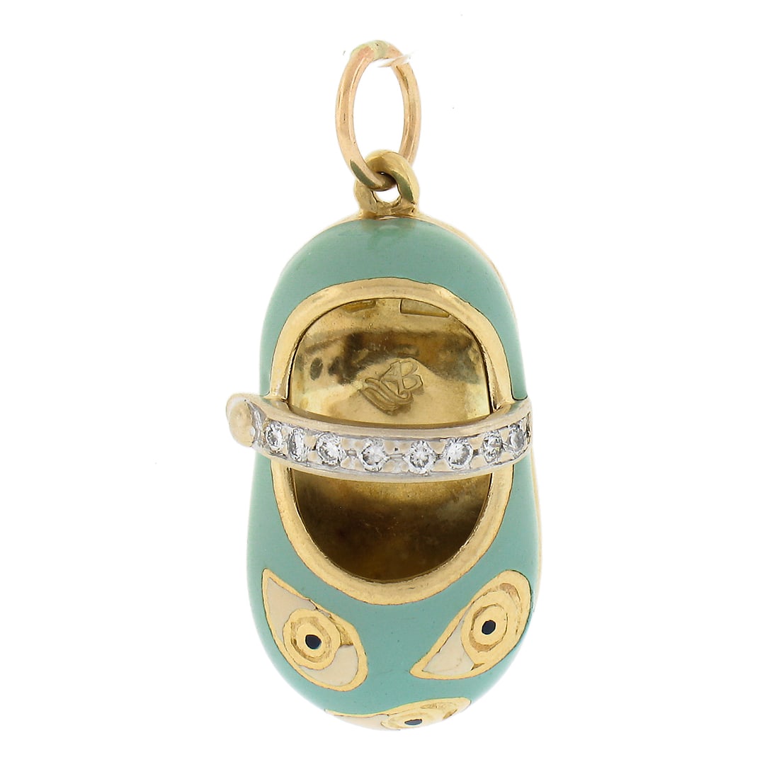Aaron Basha 18k Yellow Gold Blue Enamel Diamond Baby Shoe Pendant: Aaron Basha 18k Yellow Gold Blue Enamel Diamond Baby Shoe Pendant This exquisite pendant features a charming baby shoe shape, crafted from solid 18k yellow gold and adorned with vibrant blue enamel. T