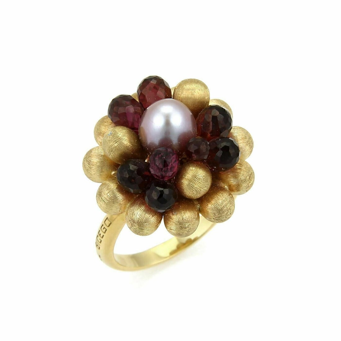 Paradise Collection Cluster Ring With Tourmaline Pearl 18k Gold Size 7: Paradise Collection Cluster Ring With Tourmaline Pearl 18k Gold Size 7 This Marco Bicego Paradise ring is crafted from 18k yellow gold and features a cluster of vibrant tourmaline stones and a 7mm pin