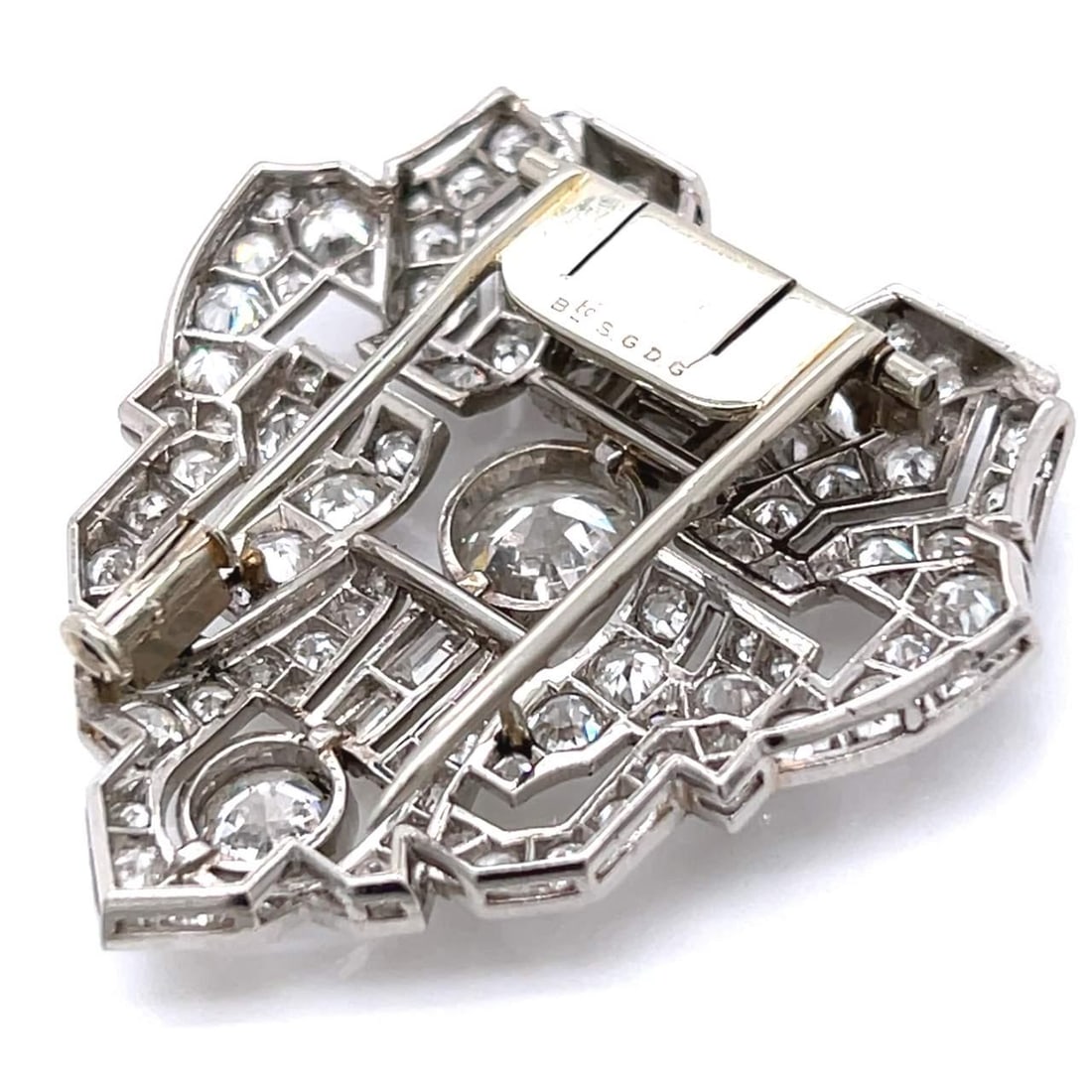 French Art Deco Platinum Diamond Brooch 1.40 Ct Center 6.00 Ct European-Cut: French Art Deco Platinum Diamond Brooch 1.40 Ct Center 6.00 Ct European-Cut This stunning French Art Deco brooch is crafted in platinum and features a captivating design set with a central approximate