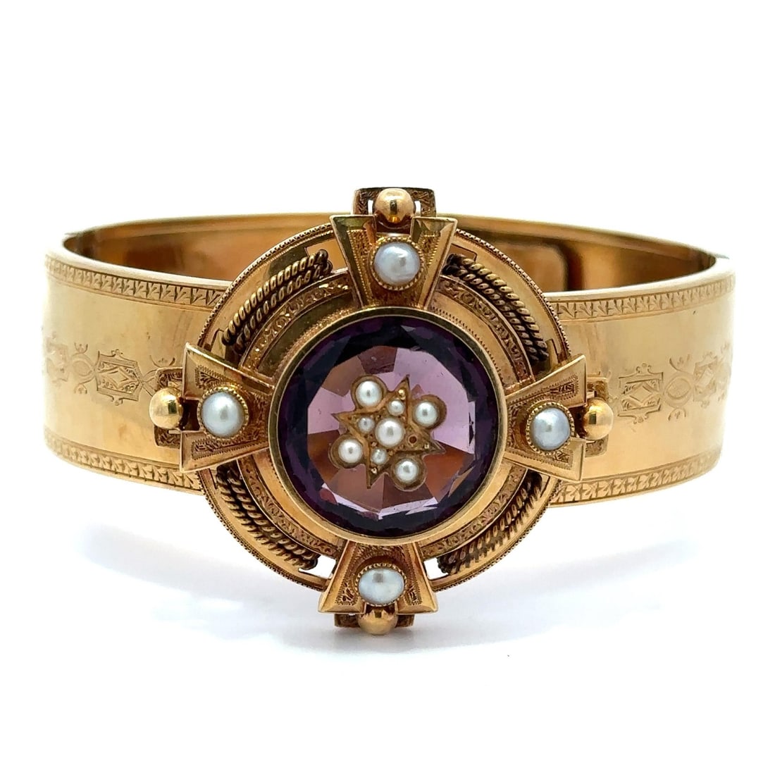 French Victorian 18k Gold Bangle Bracelet with Purple Stone & Seed Pearls: French Victorian 18k Gold Bangle Bracelet with Purple Stone & Seed Pearls This exquisite French Victorian bangle bracelet is crafted from solid 18k yellow gold, featuring a captivating purple stone at