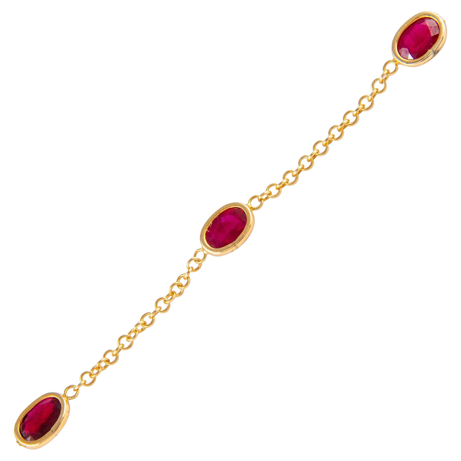 4.35 Carat Ruby Bracelet 18k Yellow Gold Modern: 4.35 Carat Ruby Bracelet 18k Yellow Gold Modern This exquisite modern bracelet features five oval-cut rubies totaling 4.35 carats, beautifully set in handcrafted bezels of 18k yellow gold. The elegant