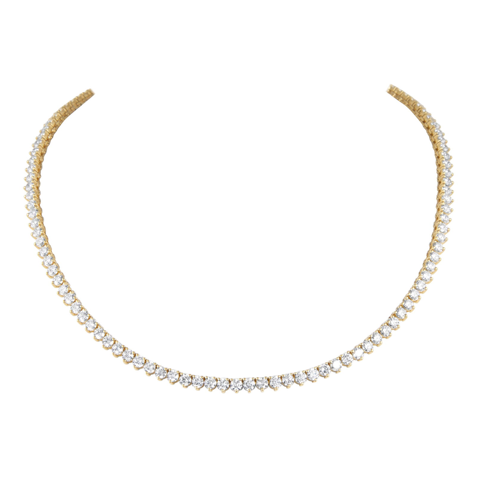 14.99ct Diamond Tennis Necklace 18k Yellow Gold 16in with Appraisal: 14.99ct Diamond Tennis Necklace 18k Yellow Gold 16in with Appraisal This stunning diamond tennis necklace features 119 round brilliant diamonds totaling 14.99 carats, set in luxurious 18k yellow gold.