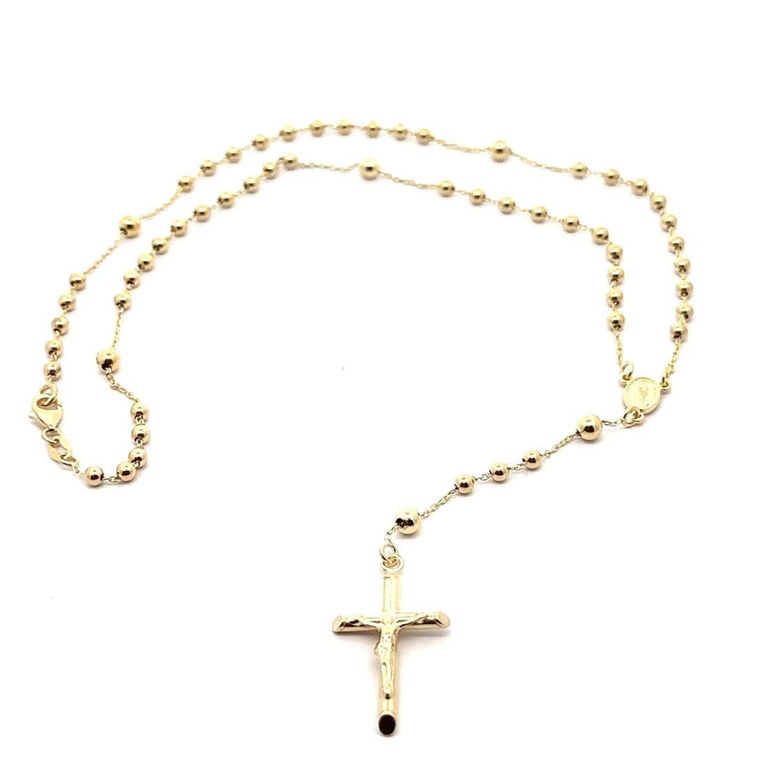 Italian 14k Yellow Gold 17.5 Inch Beaded Rosary Necklace With Crucifix Cross: Italian 14k Yellow Gold 17.5 Inch Beaded Rosary Necklace With Crucifix Cross This Italian rosary necklace features classic polished beads crafted from solid 14k yellow gold. The design includes a dang