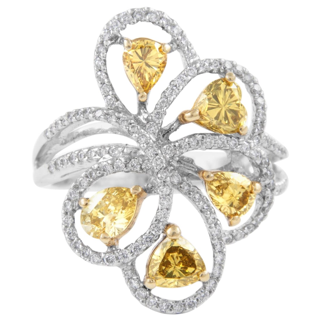 1.81ct Fancy Brownish Yellow Diamond Floral Ring in 18k Gold: 1.81ct Fancy Brownish Yellow Diamond Floral Ring in 18k Gold This exquisite floral ring features a stunning 1.81 carat Fancy Brownish Yellow diamond at its center, accented by a total of five mixed di