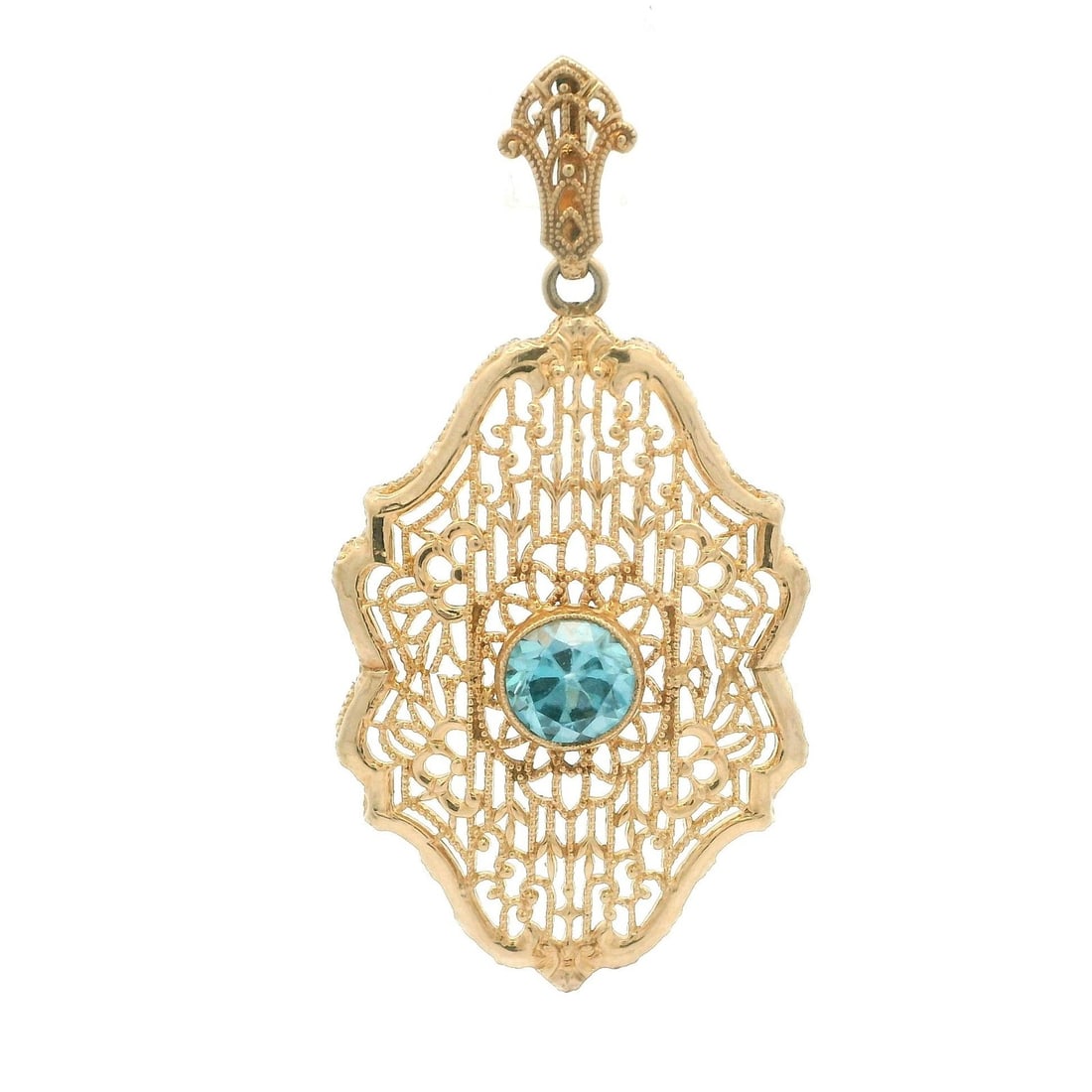 Esemco 10k Yellow Gold Filigree Pendant with 1ct Blue Zircon: Esemco 10k Yellow Gold Filigree Pendant with 1ct Blue Zircon This exquisite pendant showcases a stunning natural blue zircon, elegantly set in a milgrain bezel. The round brilliant cut stone measures