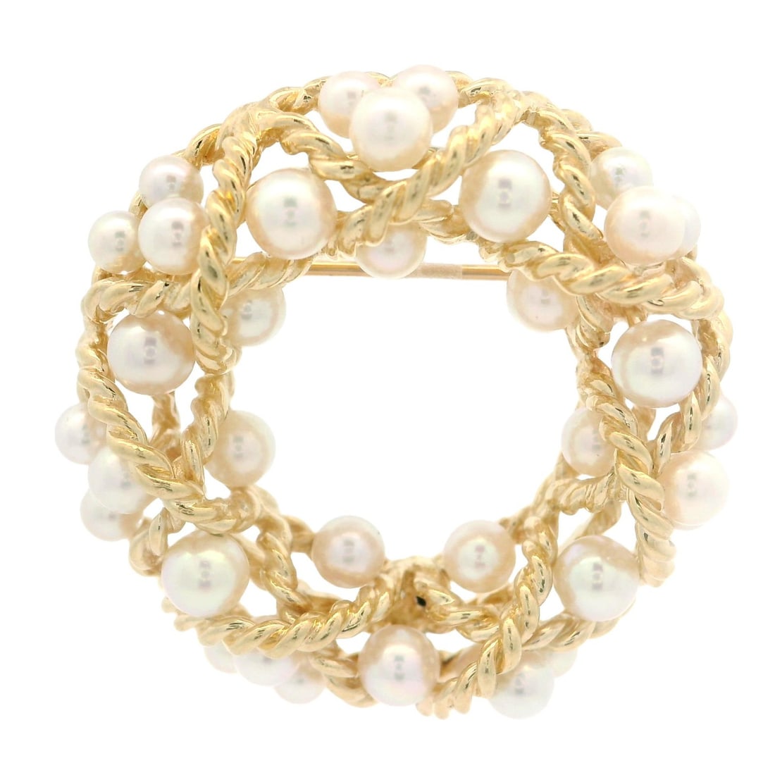 Vintage 14k Yellow Gold Twisted Wreath Cultured Pearl Brooch: Vintage 14k Yellow Gold Twisted Wreath Cultured Pearl Brooch This exquisite vintage brooch features a stunning twisted wire wreath design crafted from 14k yellow gold, adorned with genuine cultured pe