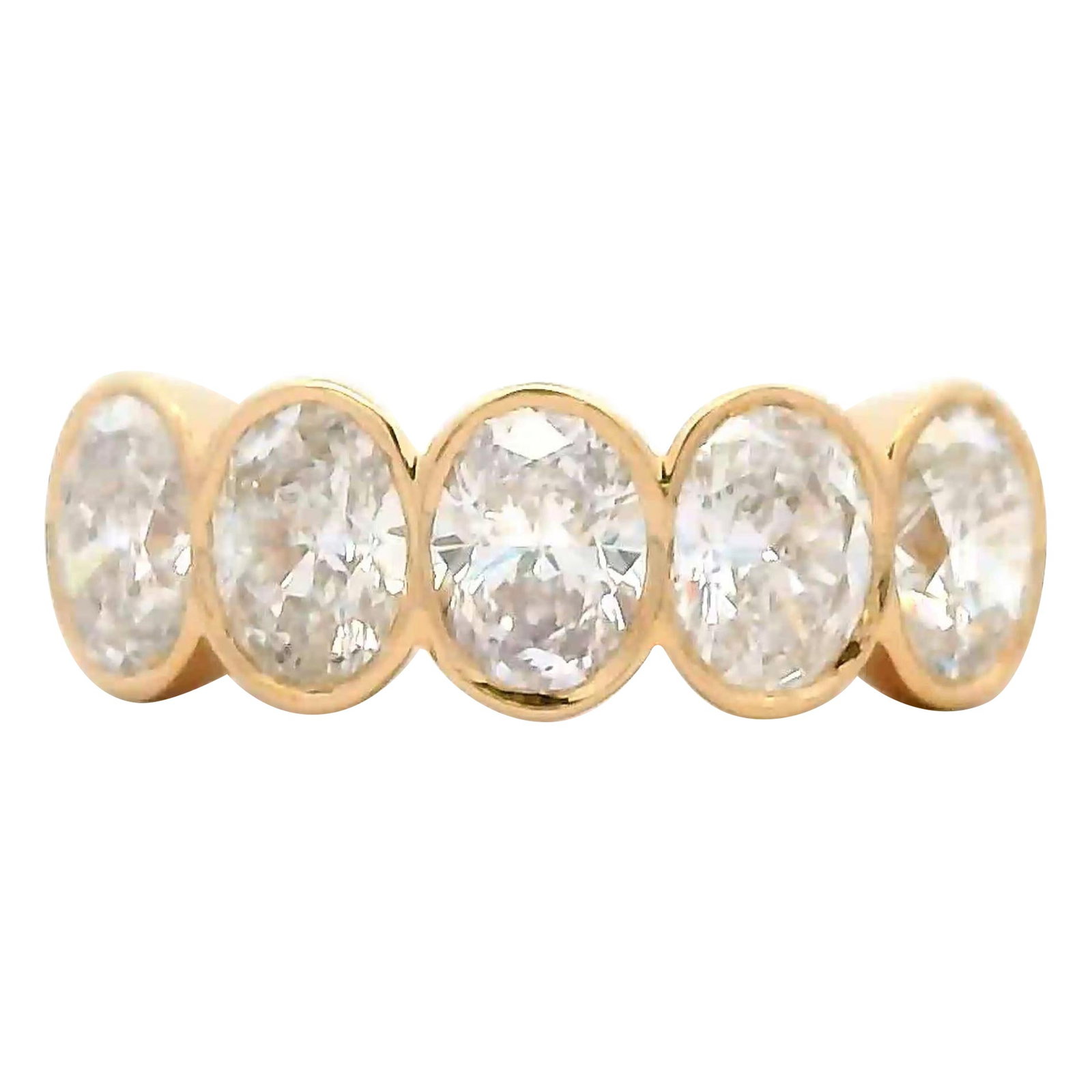 1.95ct Oval Diamond Half Eternity Band 18k Yellow Gold: 1.95ct Oval Diamond Half Eternity Band 18k Yellow Gold This exquisite half eternity band features five stunning oval cut diamonds totaling 1.95 carats, showcasing a beautiful F/G color and SI clarity.
