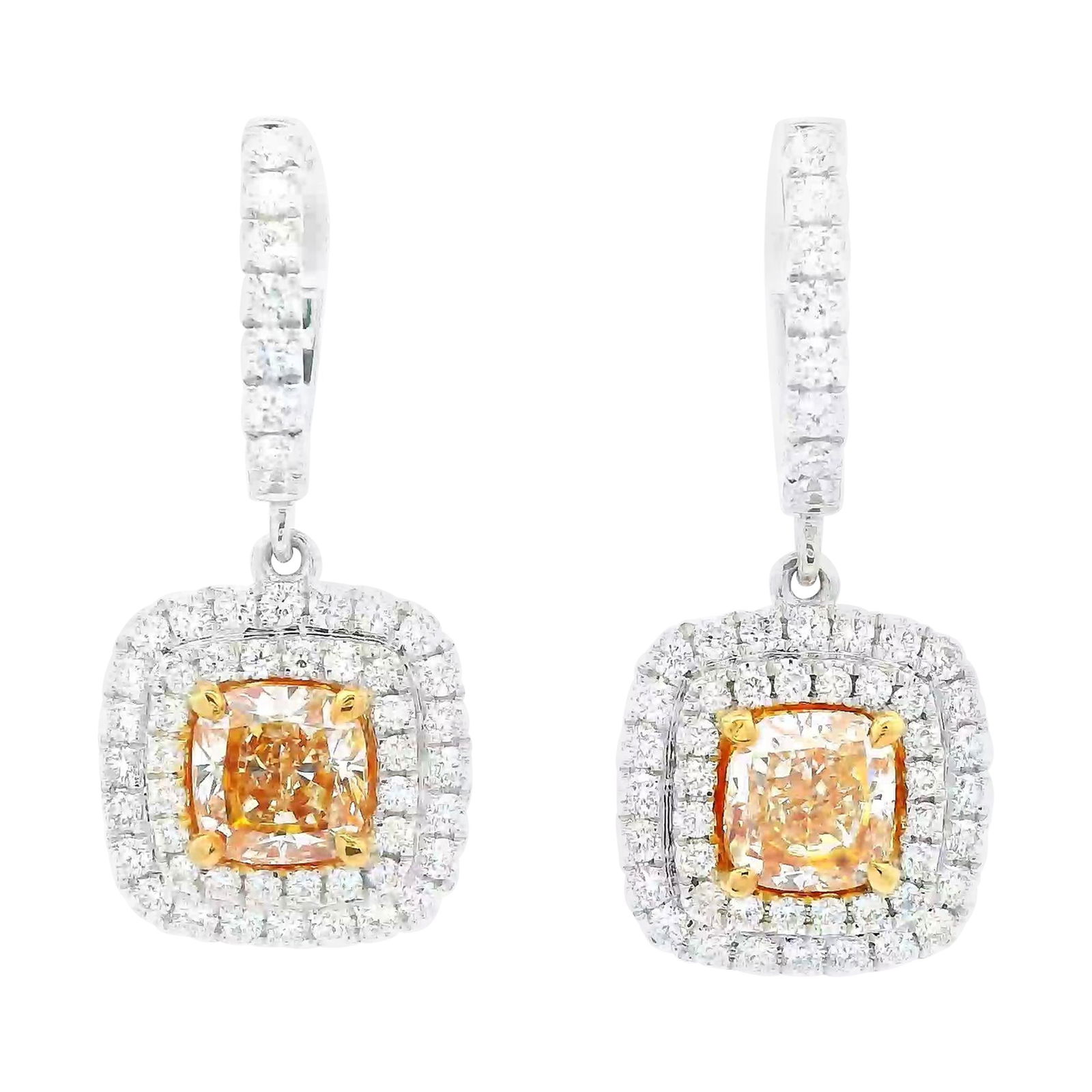 3.19ct EGL Certified Yellow Diamond Dangle Earrings in 18k Gold: 3.19ct EGL Certified Yellow Diamond Dangle Earrings in 18k Gold Experience elegance with these stunning dangle earrings featuring a pair of certified yellow diamonds surrounded by a double halo of spa