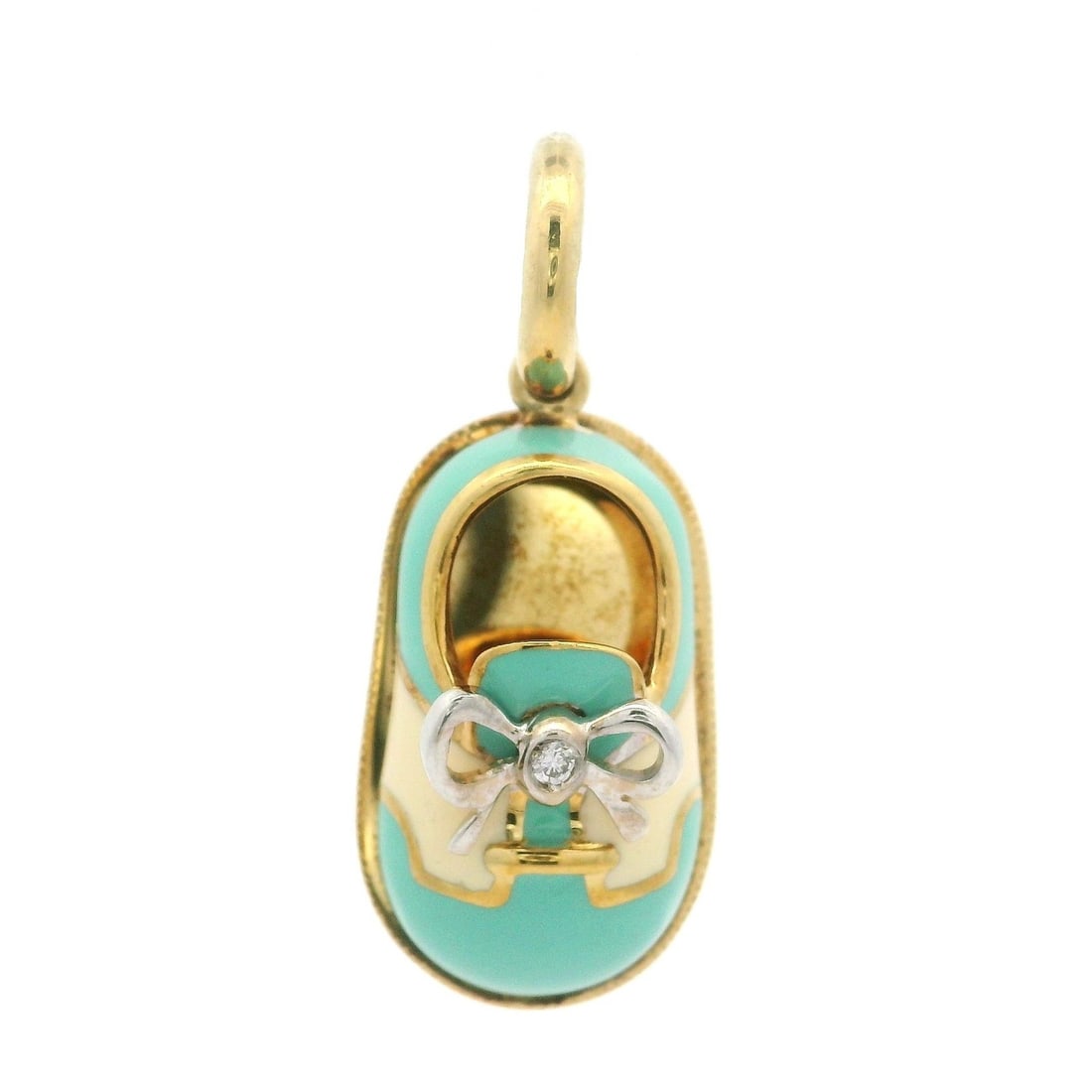 Aaron Basha 18k Gold Diamond Turquoise Enamel Saddle Shoe Pendant: Aaron Basha 18k Gold Diamond Turquoise Enamel Saddle Shoe Pendant This exquisite pendant showcases a classic saddle shoe design, crafted in 18k solid yellow gold with white gold accents. The pendant f