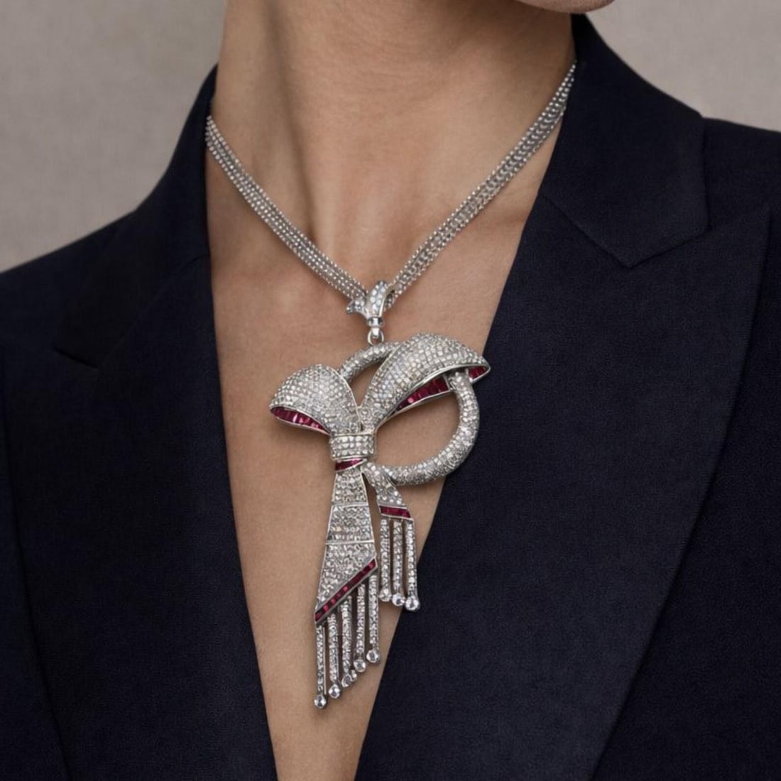 Ruby and Diamond Pendant Necklace in 18K White Gold with 37 Rubies: Ruby and Diamond Pendant Necklace in 18K White Gold with 37 Rubies This necklace is crafted from 18K white gold and features approximately 11.00 carats of diamonds with F-G color and VS1-I1 clarity. T