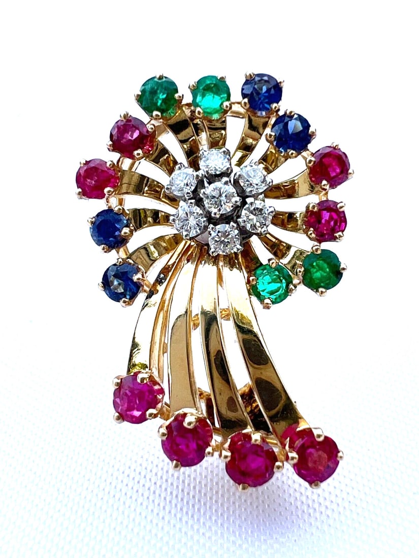 Magnificent French 18K Gold Diamond Ruby Sapphire Emerald Brooch: Magnificent French 18K Gold Diamond Ruby Sapphire Emerald Brooch Discover a stunning French brooch crafted from 18K yellow gold, featuring an exquisite combination of diamonds, emeralds, rubies, and s