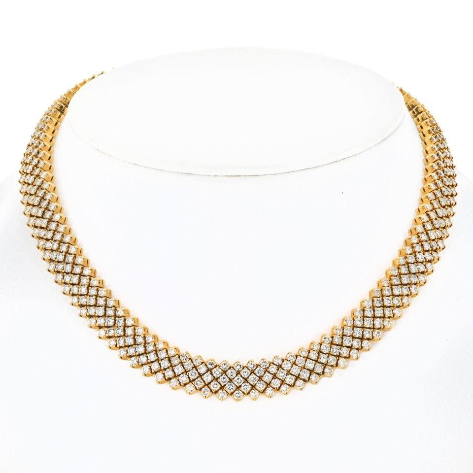 Estate 18K Yellow Gold 29 Carat Multi-Row Diamond Necklace: Estate 18K Yellow Gold 29 Carat Multi-Row Diamond Necklace The Estate 18K Yellow Gold 29 Carat Diamond Multi-Row Necklace is a stunning jewelry piece that embodies luxury and elegance. Crafted from 18