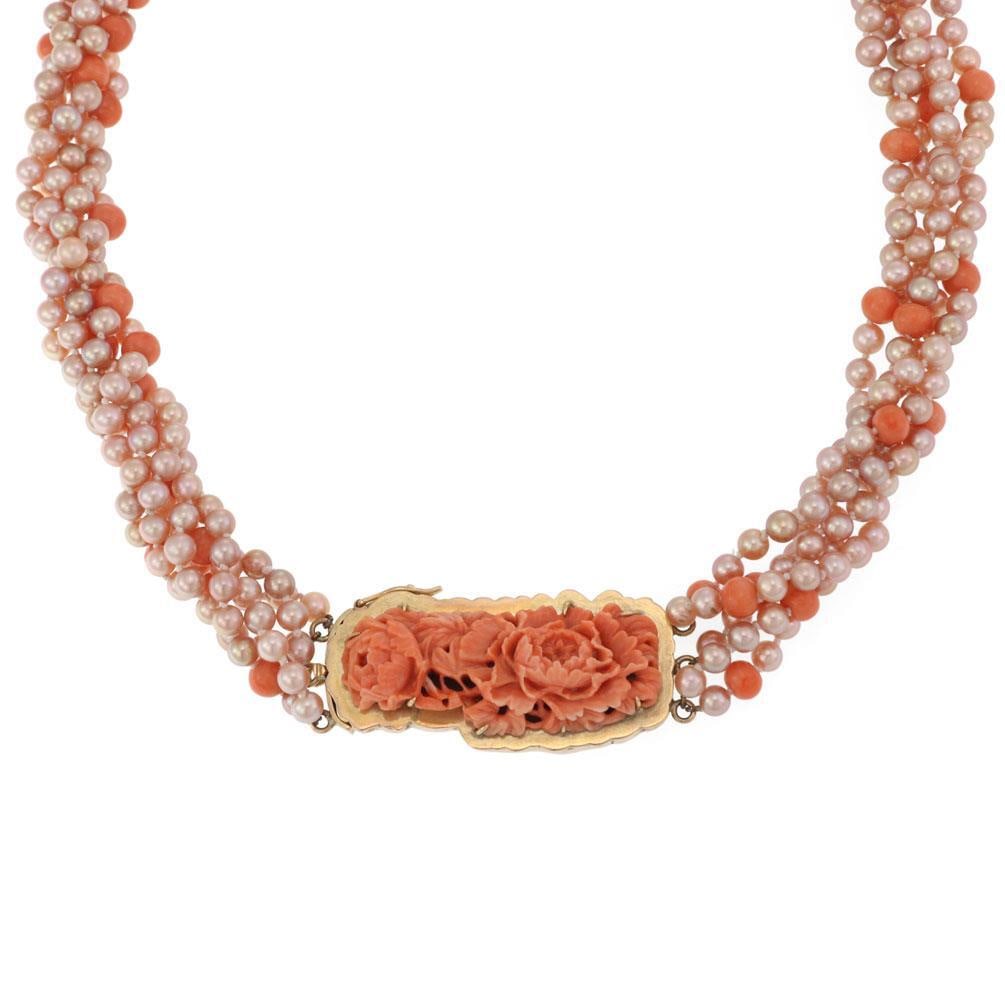 Vintage 14k Yellow Gold Coral Flower Pendant 5 Strand Pearl Necklace: Vintage 14k Yellow Gold Coral Flower Pendant 5 Strand Pearl Necklace This stunning vintage necklace features a unique design with five strands of pink pearls beautifully interspersed with coral beads.
