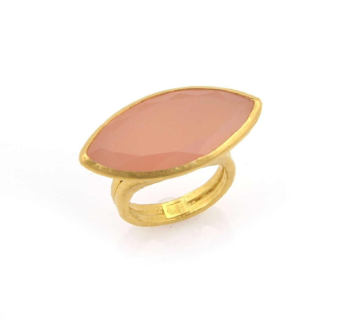 Pink Chalcedony Marquise Solitaire Ring in 24k Gold by Gurhan Pandora Size 6.5: Pink Chalcedony Marquise Solitaire Ring in 24k Gold by Gurhan Pandora Size 6.5 This Gurhan Pandora ring features a marquise-shaped pink chalcedony solitaire set in 24k yellow gold. The ring is signed
