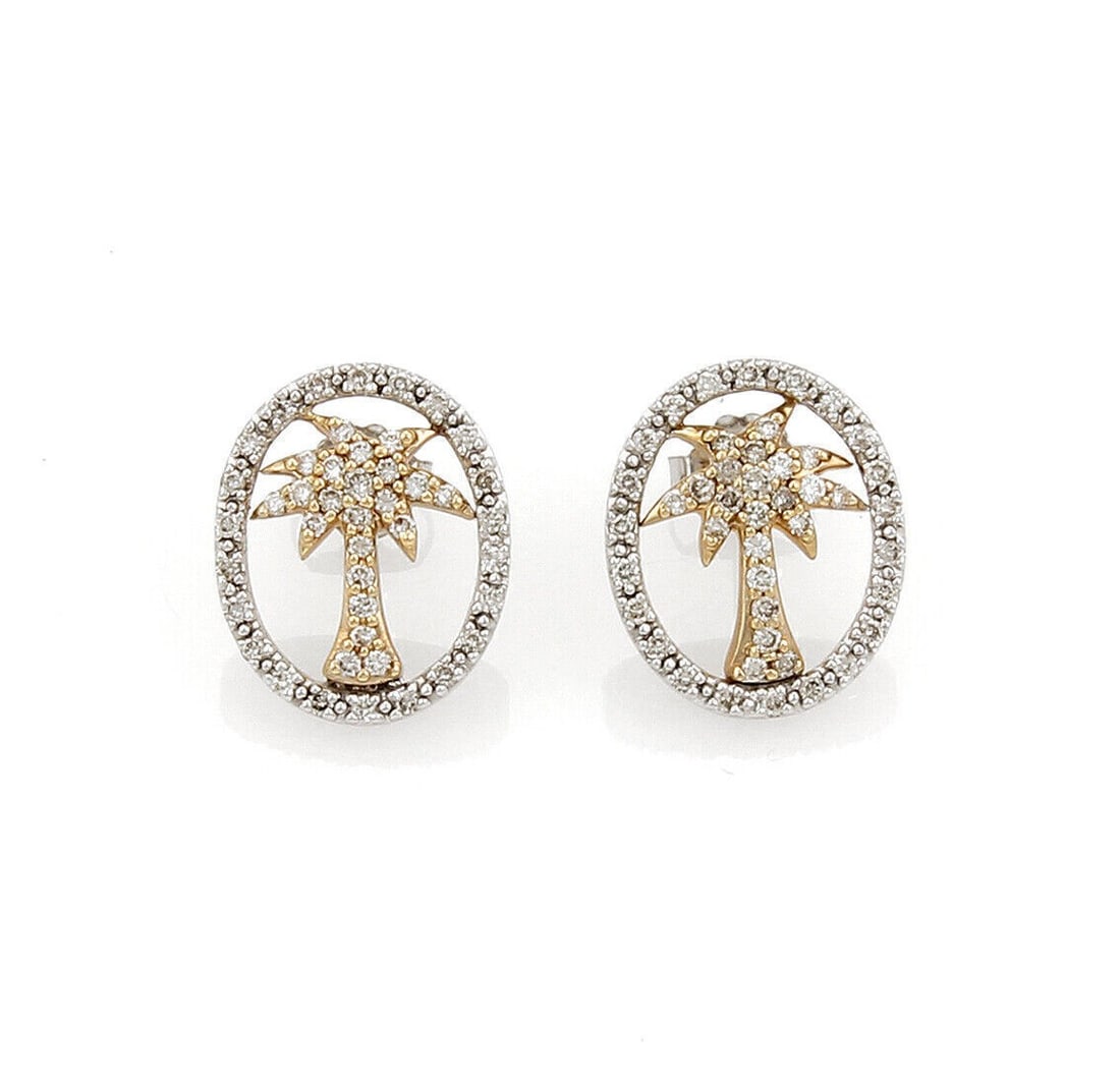 Diamond Palm Tree Stud Earrings in 14k Yellow and White Gold: Diamond Palm Tree Stud Earrings in 14k Yellow and White Gold These stud earrings feature a palm tree design crafted in 14k yellow and white gold, accented with sparkling diamonds totaling 0.35 carats.