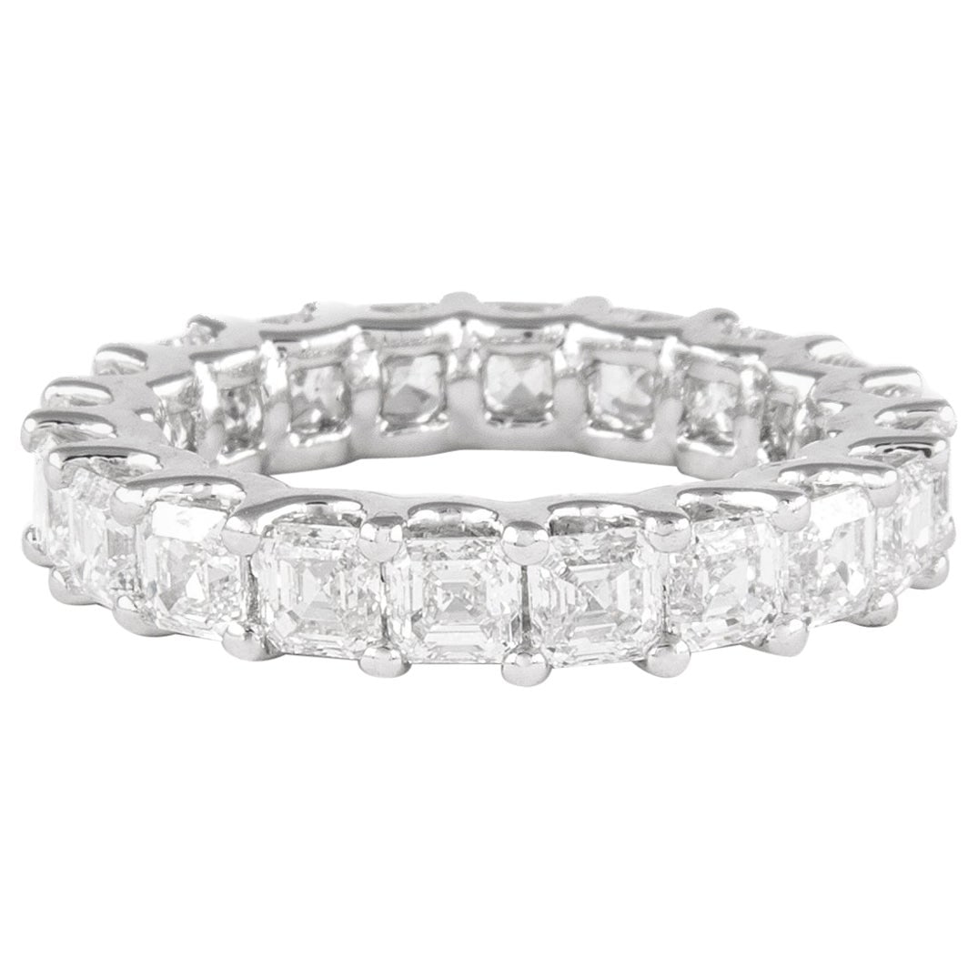 4.12ct Asscher Diamond Eternity Band Platinum: 4.12ct Asscher Diamond Eternity Band Platinum This exquisite eternity band features 20 sparkling Asscher cut diamonds totaling 4.12 carats, showcasing D/E color and VVS clarity, set in luxurious plati