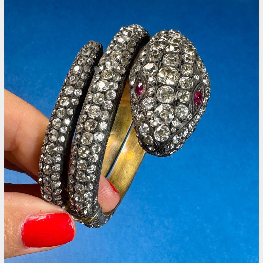 18K Silver 58.25 Ct Diamond Ruby Snake Bangle - 2