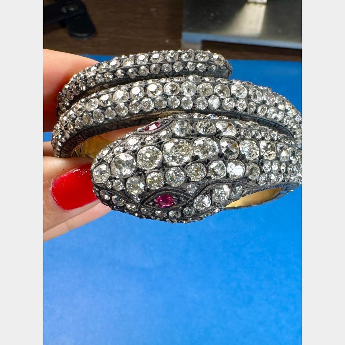 18K Silver 58.25 Ct Diamond Ruby Snake Bangle - 3