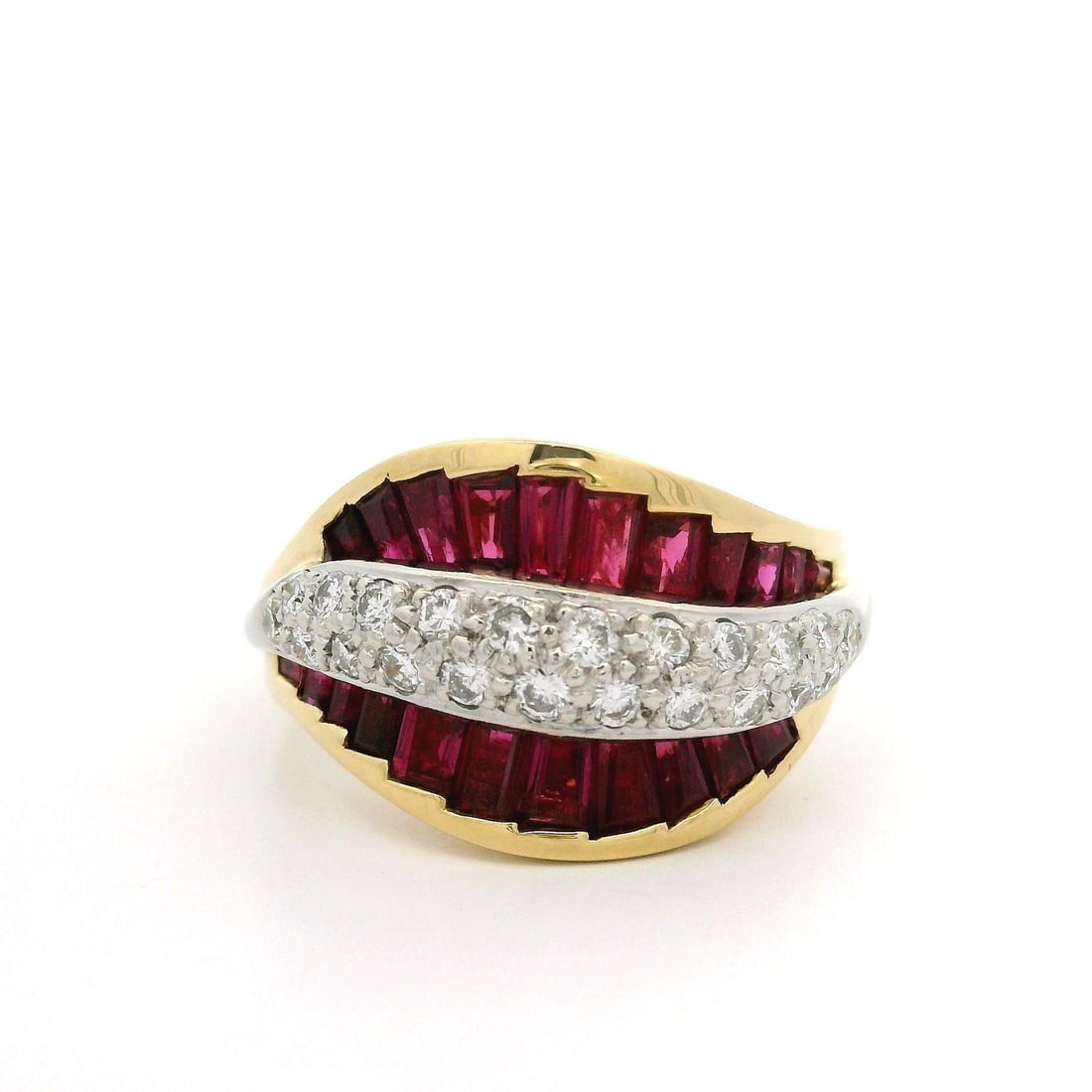 18k Yellow Gold Platinum 2.82ctw Ruby Diamond Baguette Ring: 18k Yellow Gold Platinum 2.82ctw Ruby Diamond Baguette Ring This exquisite ring showcases a vibrant combination of natural rubies and diamonds, making it a stunning addition to any jewelry collection.