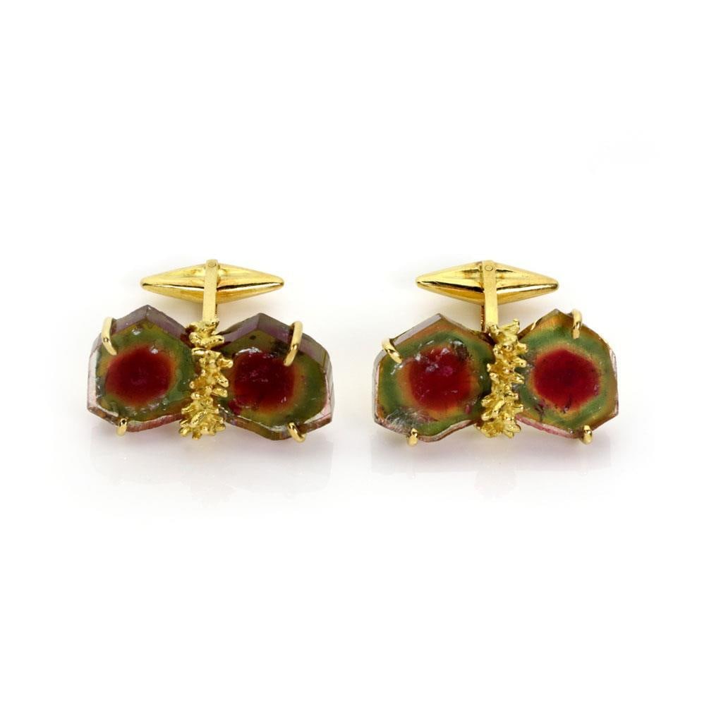 Spritzer & Fuhrmann Vintage 18k Gold Watermelon Tourmaline Cufflinks: Spritzer & Fuhrmann Vintage 18k Gold Watermelon Tourmaline Cufflinks Elevate your accessory collection with this stunning pair of vintage cufflinks by Spritzer & Fuhrmann. Expertly crafted from 18k ye
