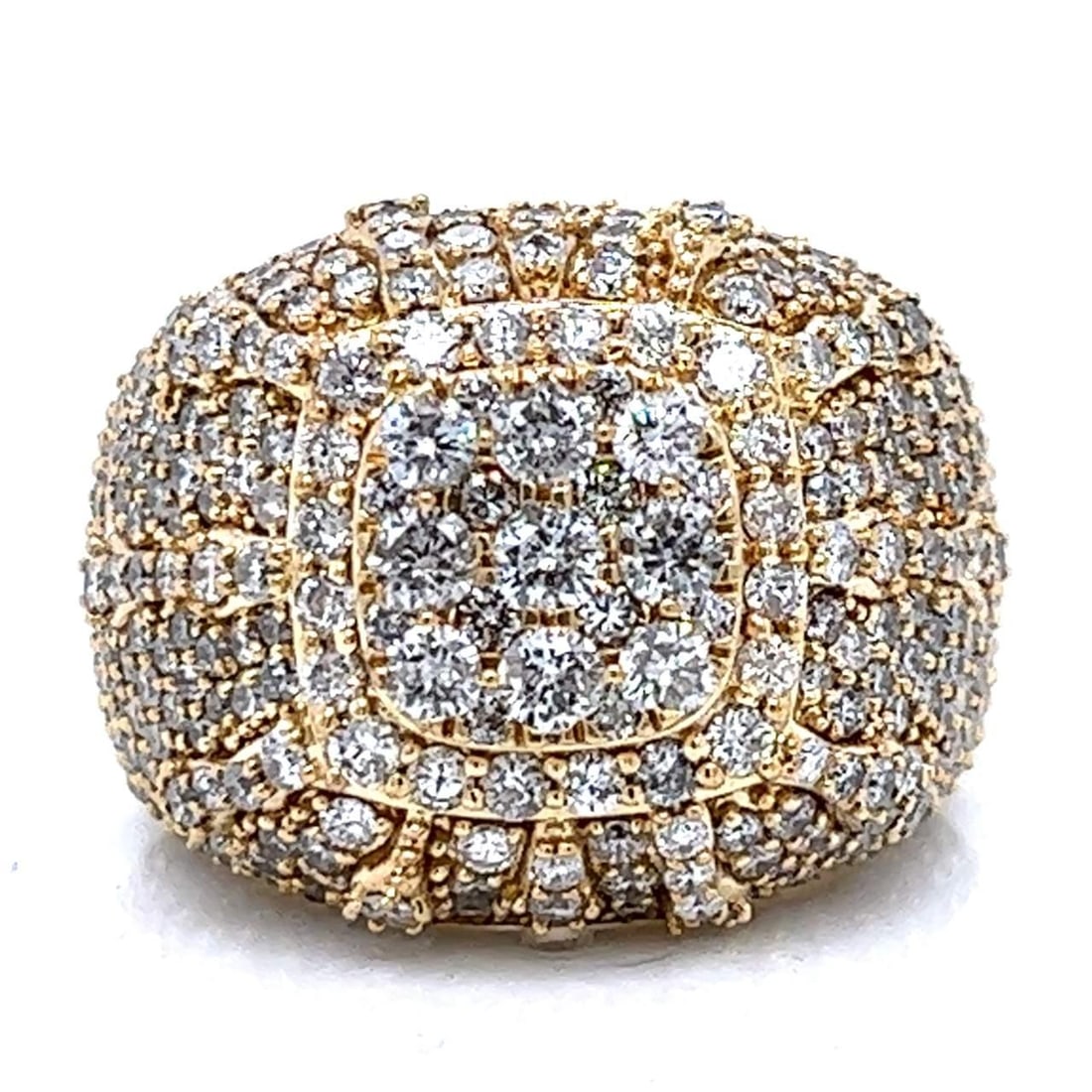 10K Yellow Gold 7.50 Ct Diamond Ring with 350 Diamonds: 10K Yellow Gold 7.50 Ct Diamond Ring with 350 Diamonds This stunning 10K Yellow Gold ring features approximately 350 sparkling diamonds with a total weight of 7.50 carats. The diamonds exhibit F-H col