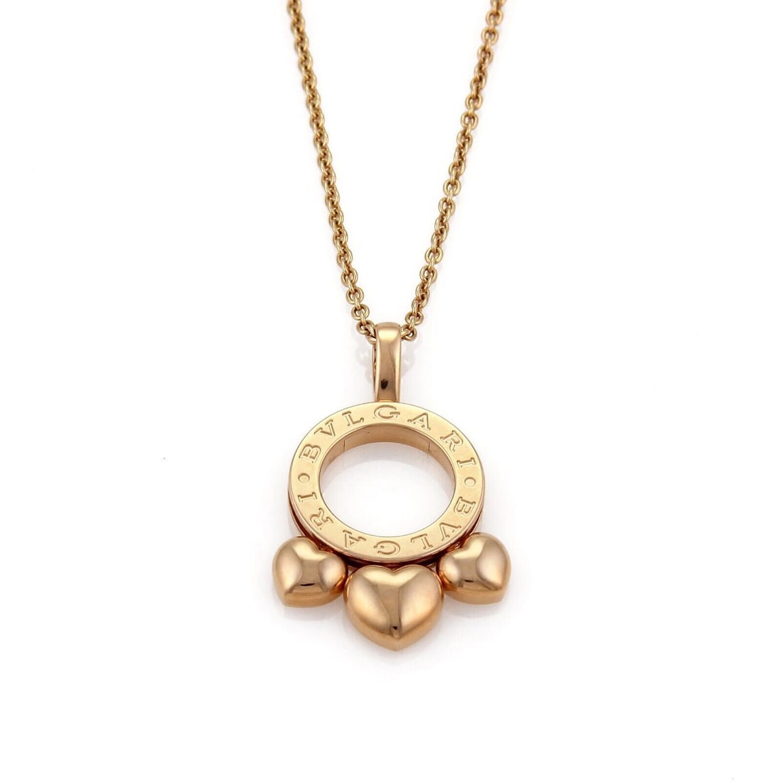 Allegra Hearts Pendant Necklace in 18K Rose Gold by Bvlgari: Allegra Hearts Pendant Necklace in 18K Rose Gold by Bvlgari The Bvlgari Allegra 18K Rose Gold Slide Hearts Pendant Necklace is an original designer piece crafted in 18K rose gold. This necklace featur
