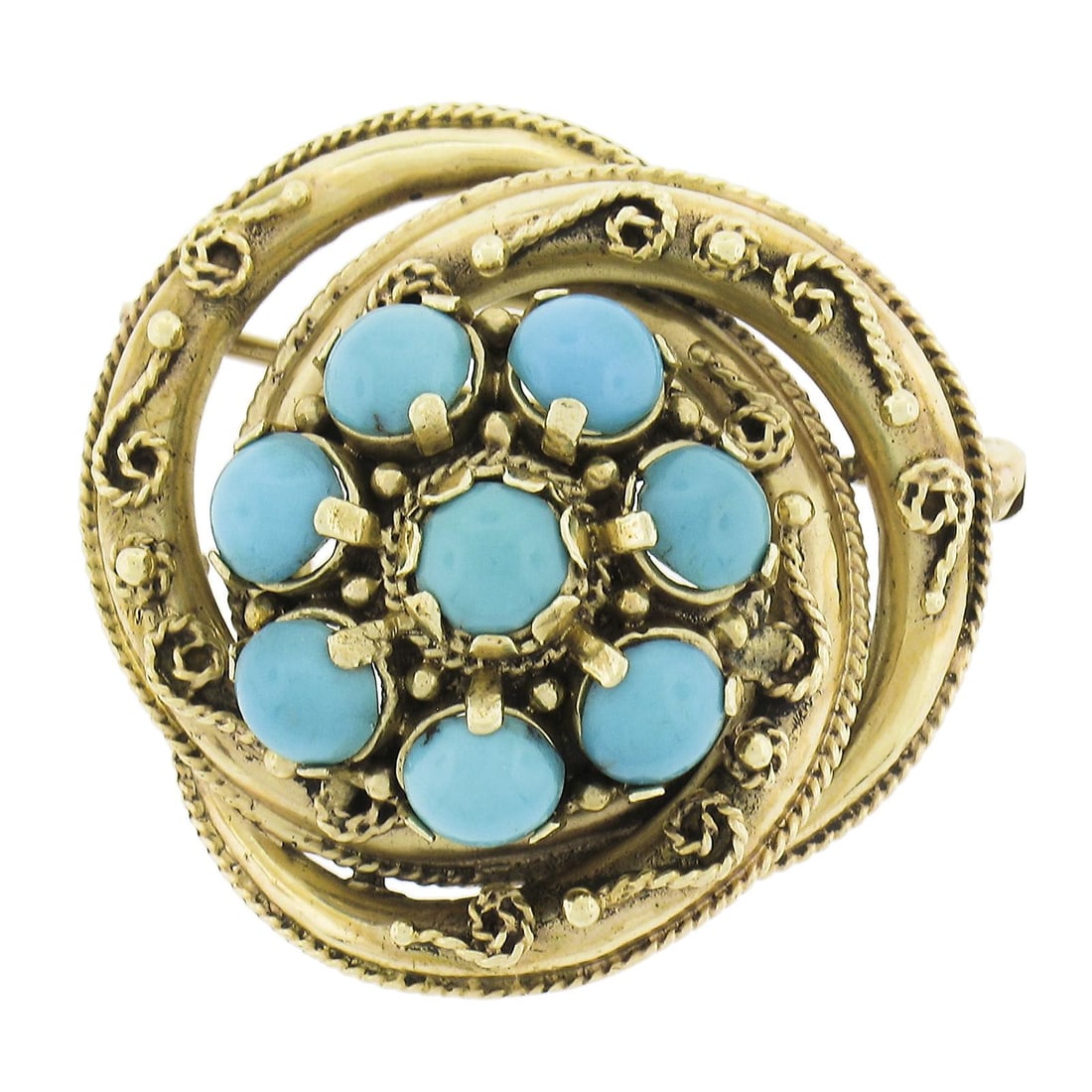 Antique Victorian 13k Yellow Gold Turquoise Infinity Knot Brooch: Antique Victorian 13k Yellow Gold Turquoise Infinity Knot Brooch This stunning Antique Victorian Yellow Gold Turquoise Textured Infinity Knot Pin Brooch features a beautiful design symbolizing eternit