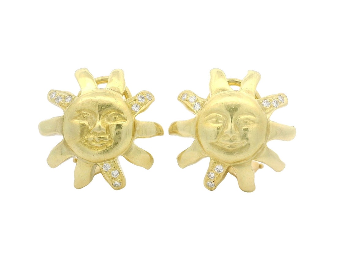 Doris Panos 18k Gold Diamond Sun Face Omega Earrings: Doris Panos 18k Gold Diamond Sun Face Omega Earrings Elevate your jewelry collection with these exquisite Doris Panos Omega Earrings, crafted from solid 18k yellow gold. Featuring 18 natural genuine d