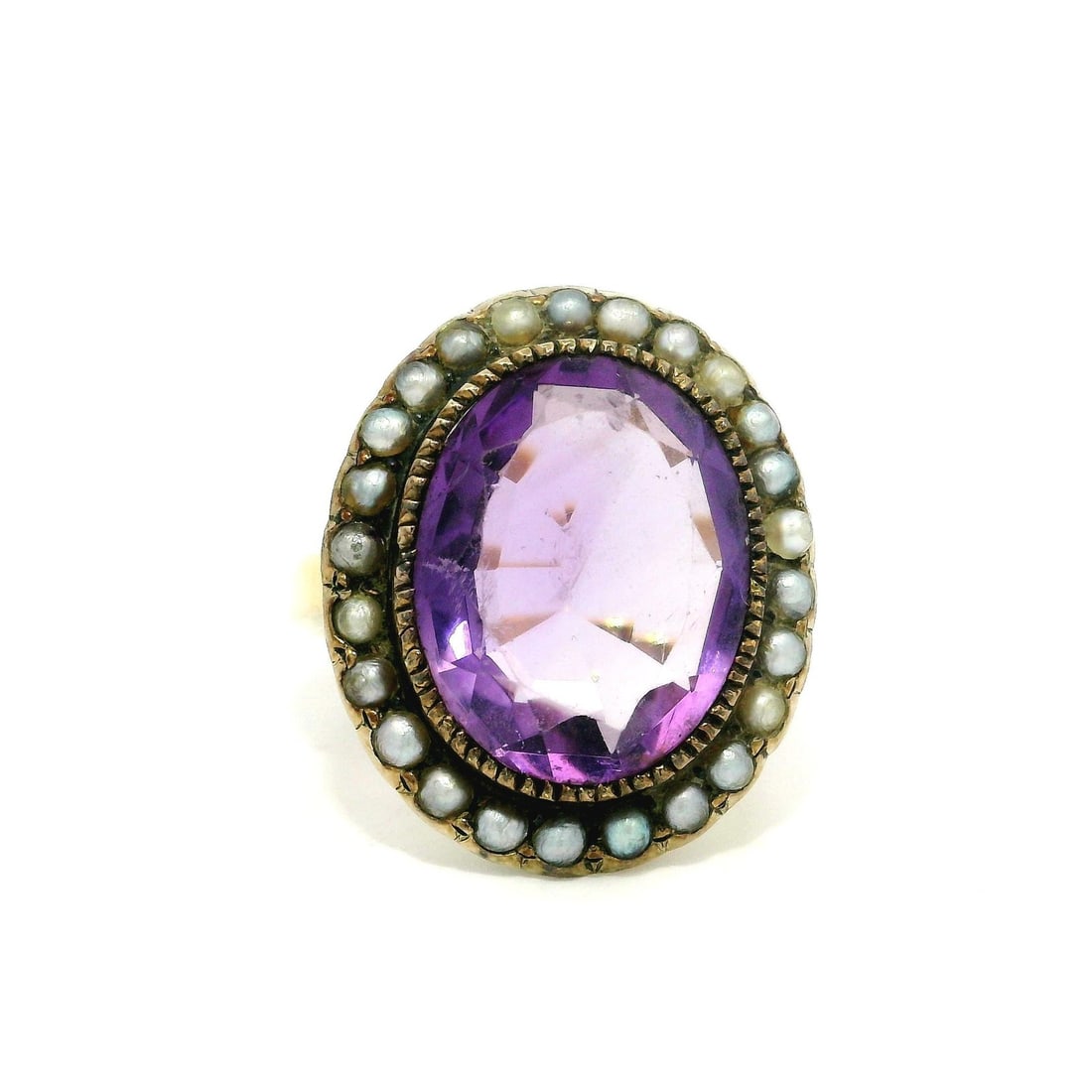 Antique Victorian 14k Yellow Gold Amethyst Pearl Halo Cocktail Ring: Antique Victorian 14k Yellow Gold Amethyst Pearl Halo Cocktail Ring This exquisite Antique Victorian cocktail ring features a stunning 14k yellow gold setting adorned with a natural genuine oval-cut a