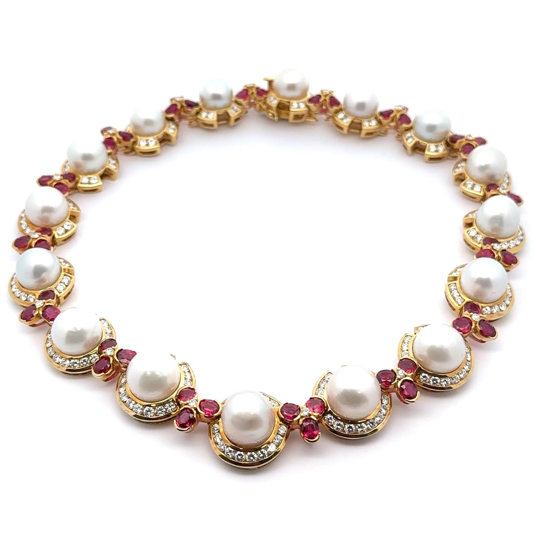 Stunning 18k Yellow Gold GIA Pearl Ruby Diamond Necklace 42.5ctw: Stunning 18k Yellow Gold GIA Pearl Ruby Diamond Necklace 42.5ctw This exquisite pendant necklace showcases a stunning array of gemstones and a luxurious design. Crafted from solid 18k yellow gold, the