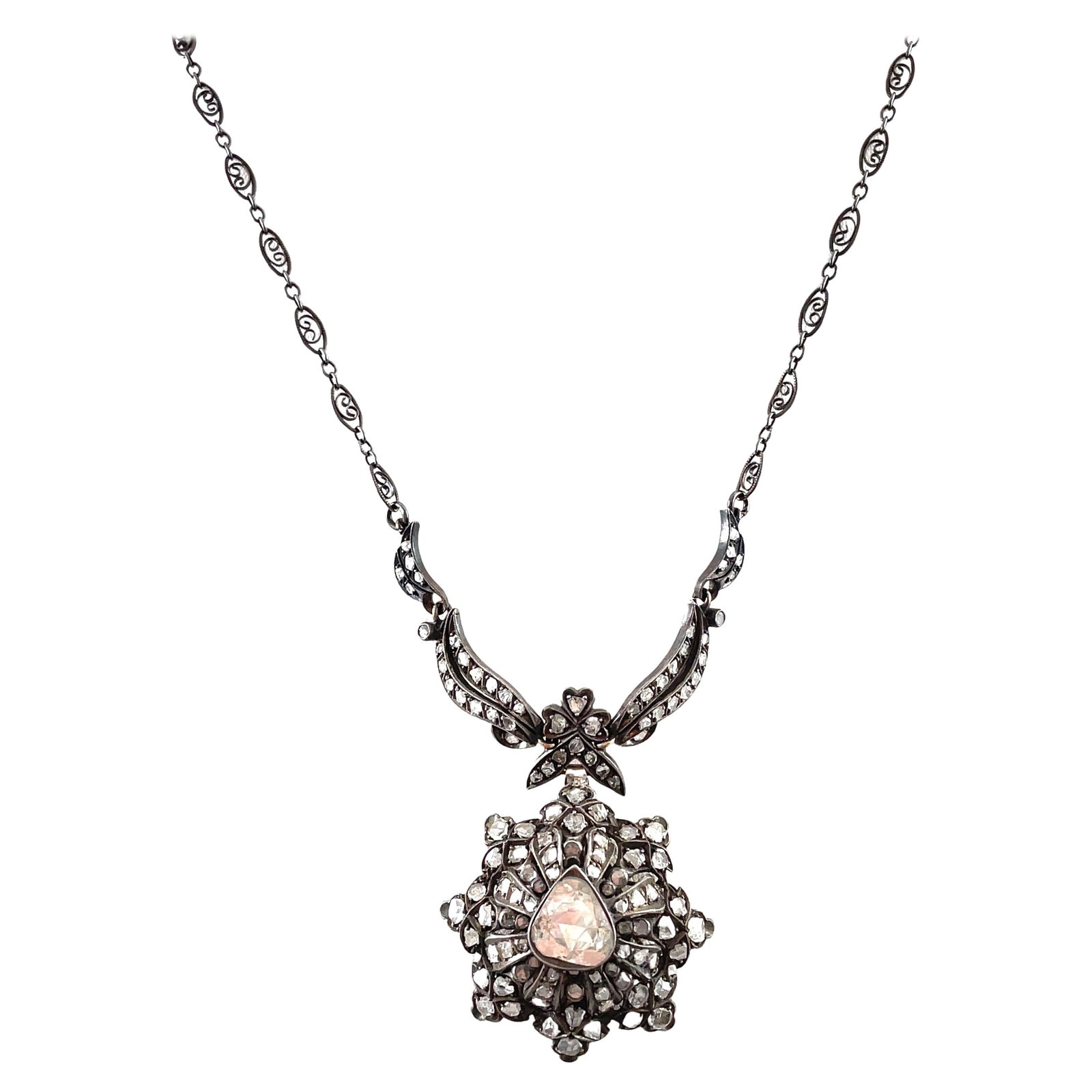 Vintage Victorian 4.30ct Rose Cut Diamond Silver Necklace: Vintage Victorian 4.30ct Rose Cut Diamond Silver Necklace This exquisite Vintage Victorian Style Drop Necklace features approximately 4.30 carats of stunning rose cut diamonds, with the center diamond