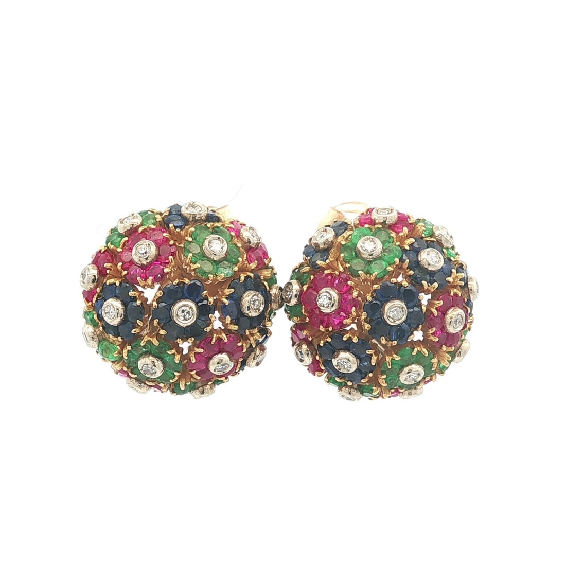Tiffany & Co. 18k Gold Stud Earrings With Ruby Sapphire Emerald and Diamonds: Tiffany & Co. 18k Gold Stud Earrings With Ruby Sapphire Emerald and Diamonds These vintage Tiffany & Co. button earrings are crafted from solid 18k yellow gold with white gold accents. Featuring 32 na