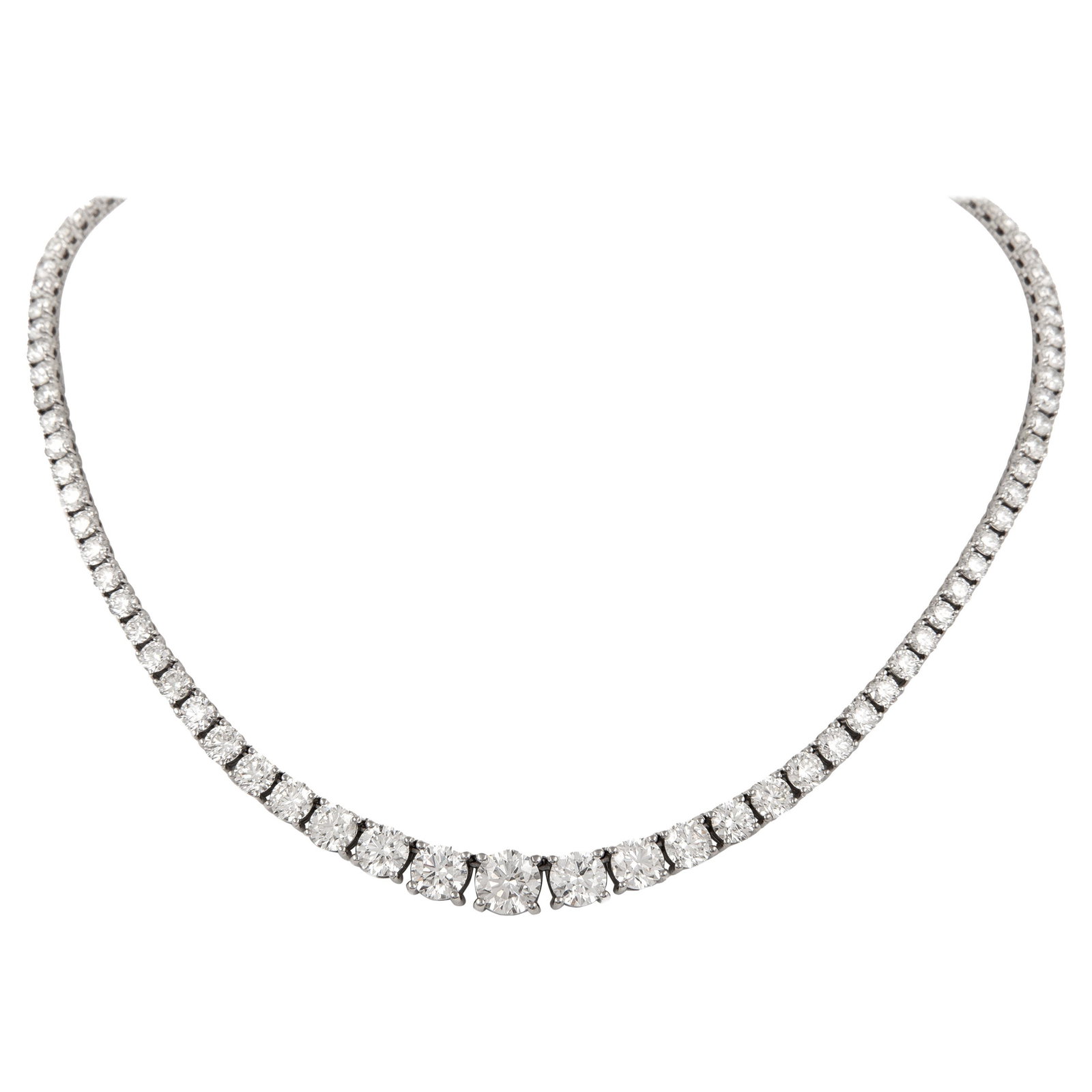 GIA Certified 22.38ct Diamond Tennis Necklace 18k White Gold: GIA Certified 22.38ct Diamond Tennis Necklace 18k White Gold This exquisite diamond tennis riviera necklace features a stunning arrangement of 99 round brilliant diamonds totaling 22.38 carats. Set in