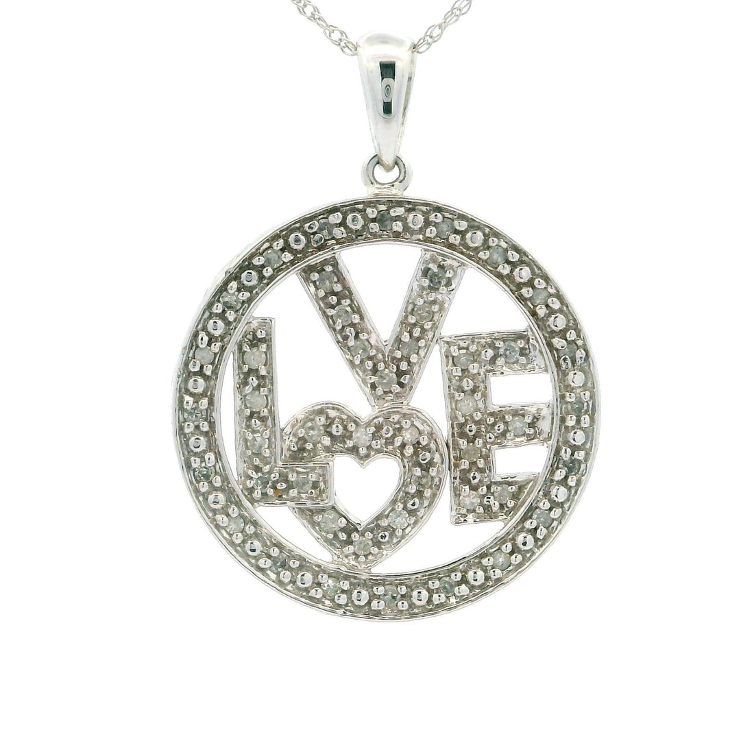 10k White Gold LOVE Circle Pendant with Diamonds and Singapore Link Necklace: 10k White Gold LOVE Circle Pendant with Diamonds and Singapore Link Necklace This exquisite pendant necklace features a charming "LOVE" circle design adorned with 46 natural genuine diamonds, totaling