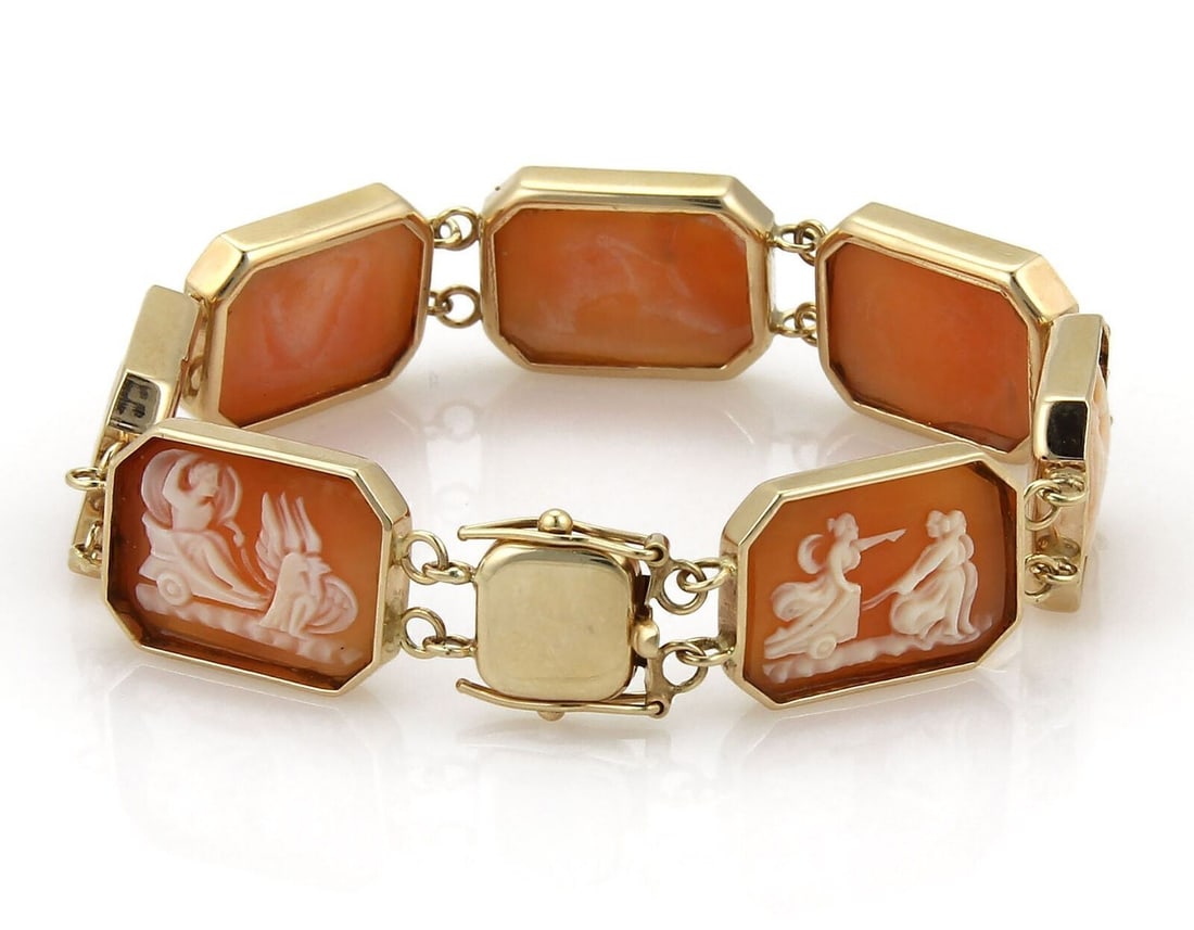 Vintage 14k Rose Gold Shell Cameo Bracelet with Carved Octagon Links (1 of 7)