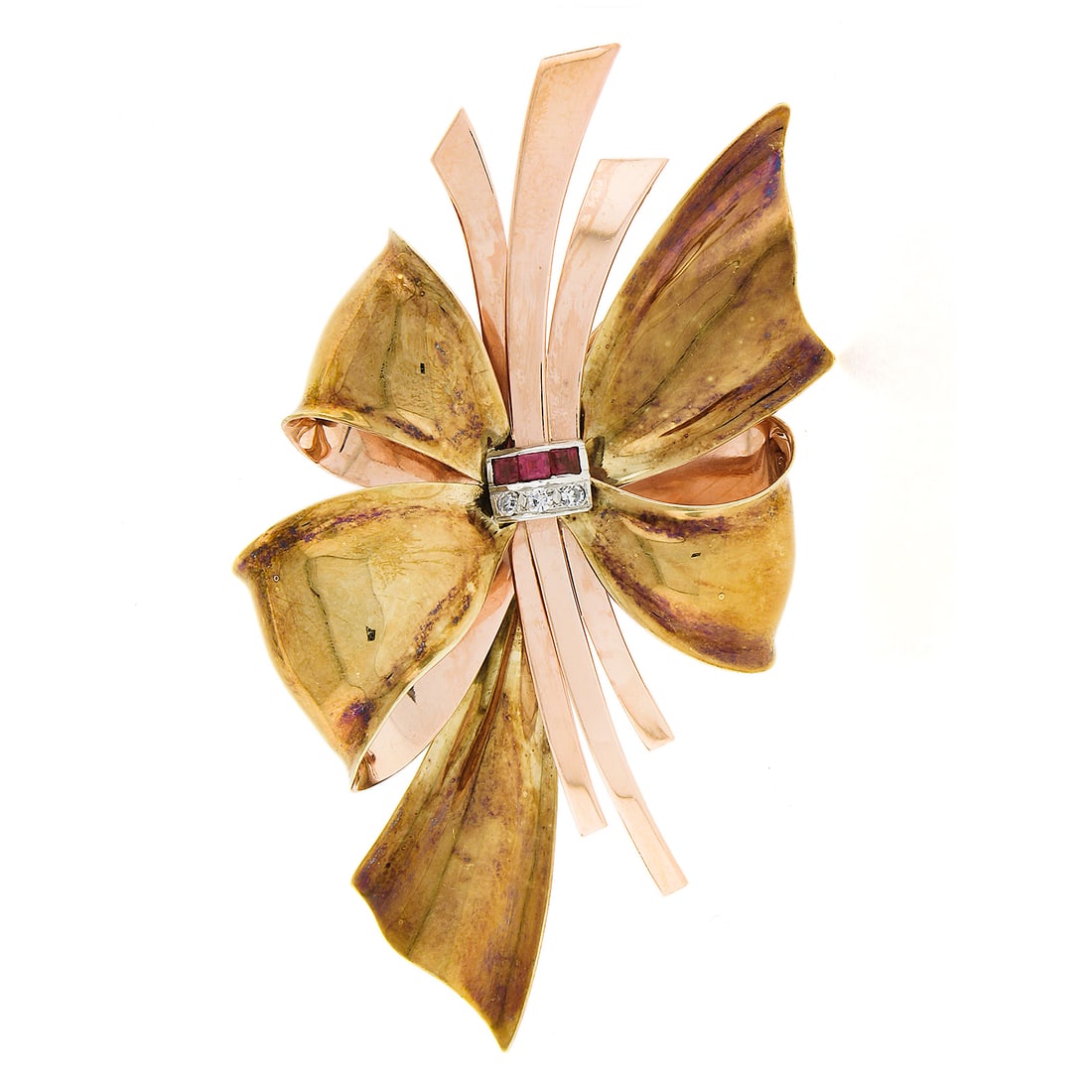 Tiffany & Co. 14K Gold Ruby Diamond Bow Brooch Vintage Retro (1 of 6)