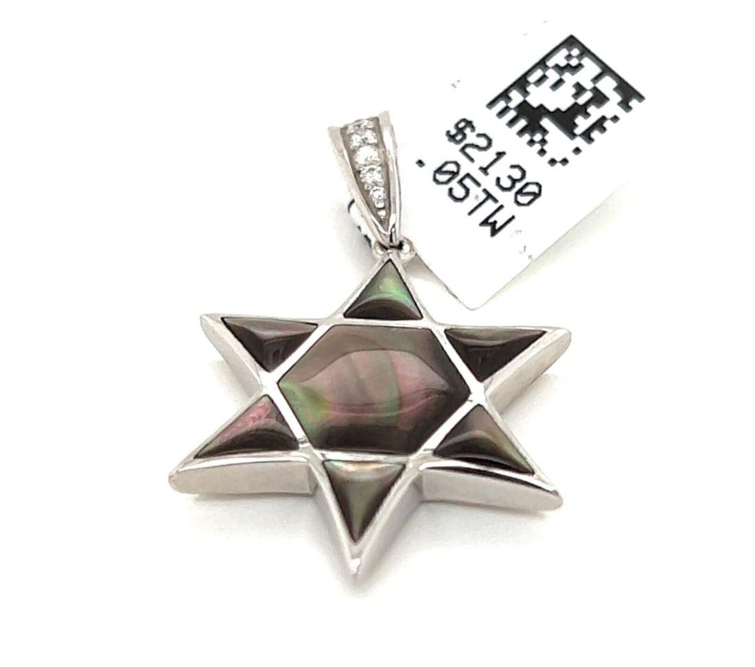 Star of David Pendant with Diamonds and Mother of Pearl in 14k White Gold: Star of David Pendant with Diamonds and Mother of Pearl in 14k White Gold This Kabana pendant features a Star of David design crafted in 14k white gold. It is detailed with a gray mother of pearl inla