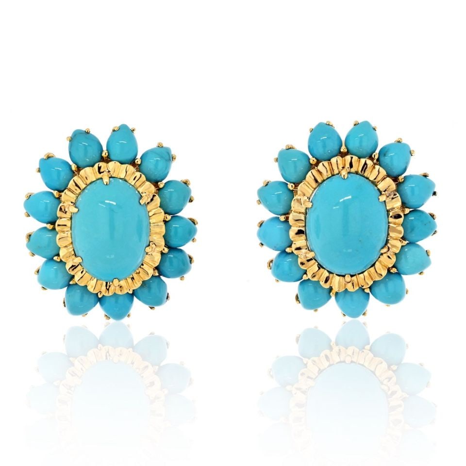 David Webb Platinum 18K Yellow Gold Turquoise Flower Clip-On Earrings: David Webb Platinum 18K Yellow Gold Turquoise Flower Clip-On Earrings These exquisite David Webb earrings showcase a stunning combination of platinum and 18K yellow gold, featuring a striking flower d