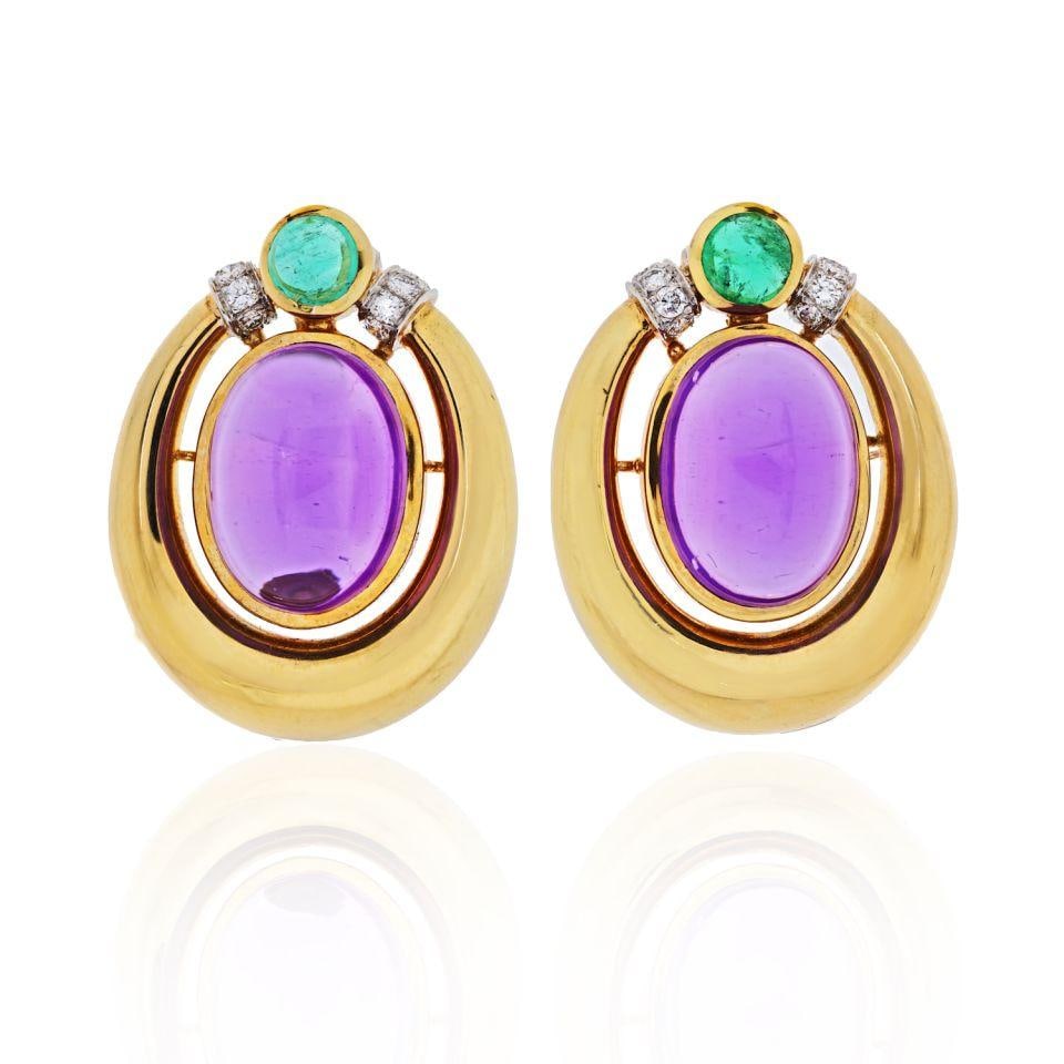 David Webb Vintage Platinum 18K Gold Amethyst Diamond Emerald Clip-On Earrings: David Webb Vintage Platinum 18K Gold Amethyst Diamond Emerald Clip-On Earrings Discover the exquisite craftsmanship of these vintage David Webb earrings, featuring a stunning combination of cabochon a