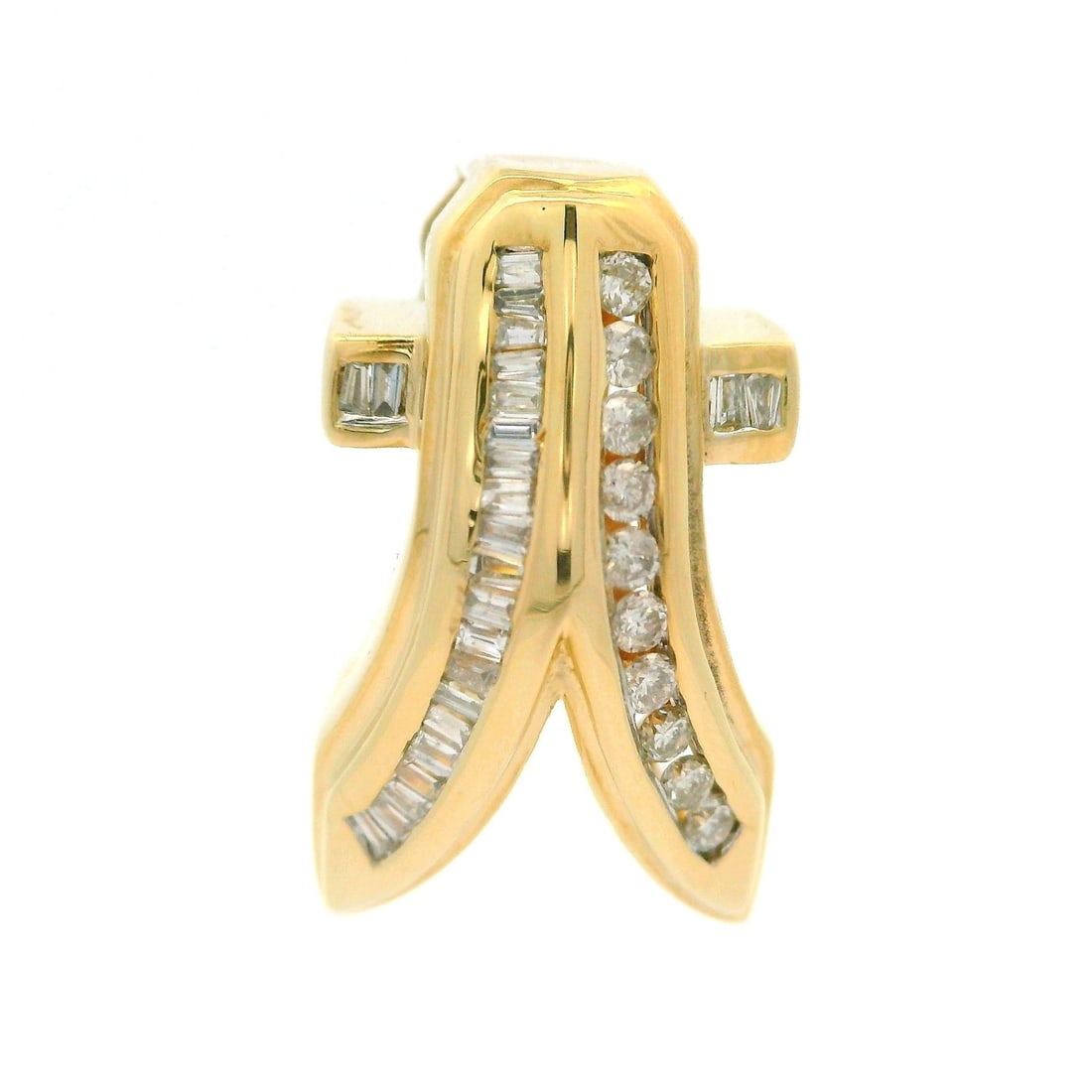 Estate 14k Yellow Gold 0.40ctw Diamond Pendant with Baguette and Round Cuts: Estate 14k Yellow Gold 0.40ctw Diamond Pendant with Baguette and Round Cuts This exquisite estate pendant features a beautiful ribbon design crafted in solid 14k yellow gold, weighing 5.9 grams. Adorn