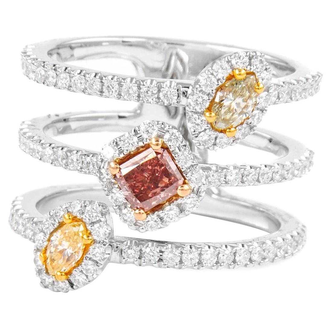 GIA 1.30ct Fancy Deep Orangey Pink Diamond Ring 18k Gold: GIA 1.30ct Fancy Deep Orangey Pink Diamond Ring 18k Gold This exquisite GIA certified cocktail ring showcases a stunning array of diamonds, including a 0.32 carat radiant Fancy Deep Orangey Pink diamo