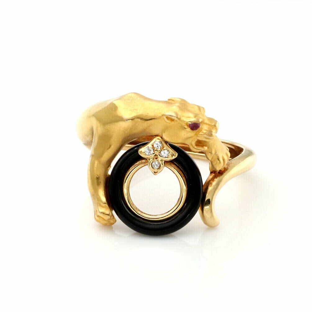 Panther Motif Diamond Ruby Onyx Ring in 18K Yellow Gold by Carrera y Carrera Size 5 (1 of 5)