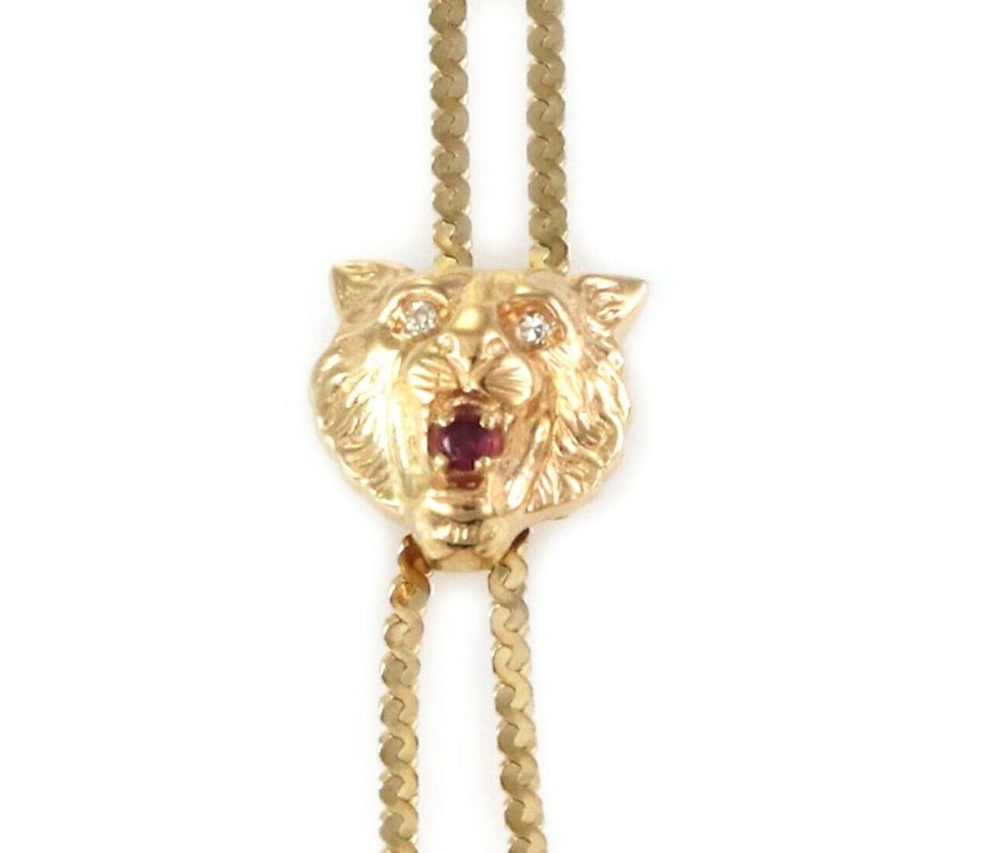 Lariat Necklace with Panther Motif Diamonds Rubies 14k Yellow Gold Tassel (1 of 7)