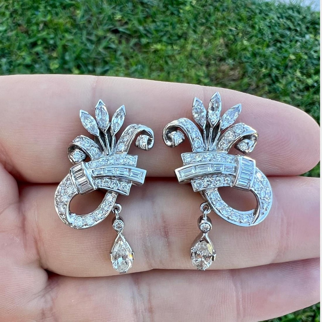 Art Deco Platinum Diamond Earrings 3.40 Ct with Pear Shape and European Cut (1 of 2)