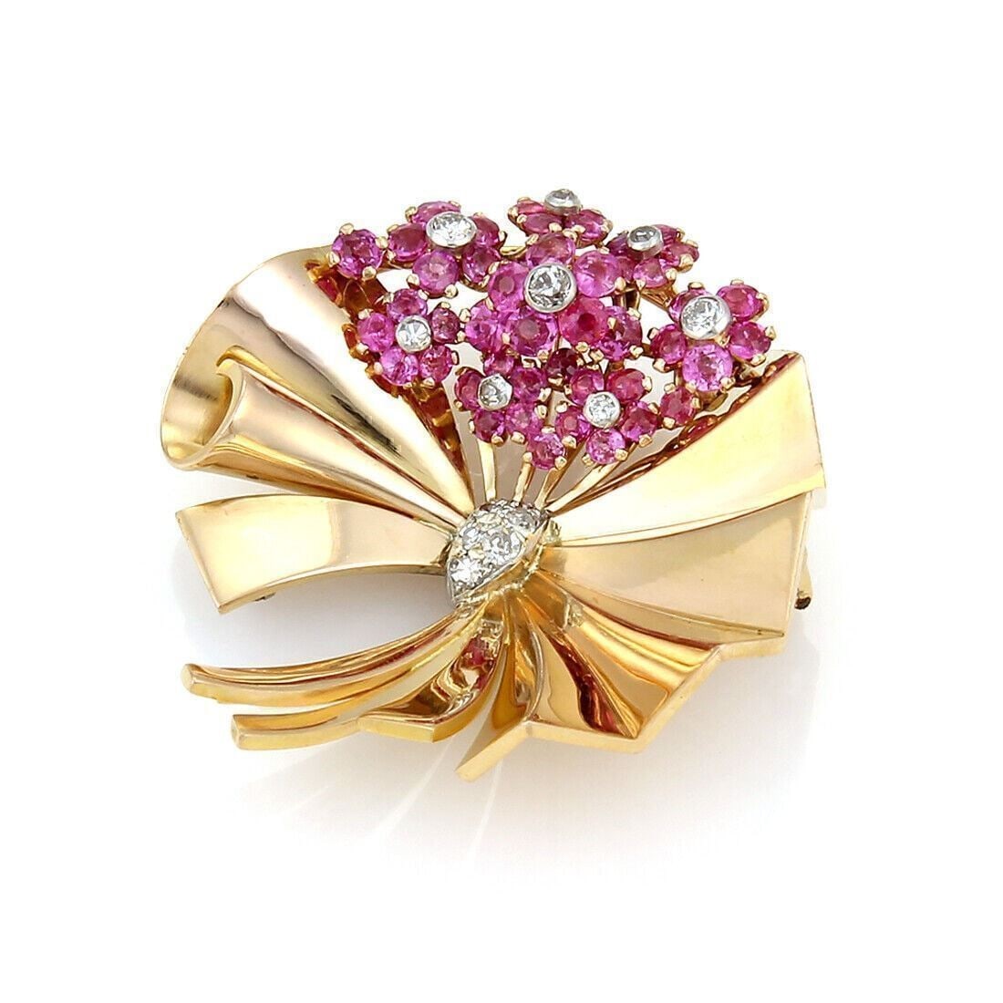 Vintage 14k Rose Gold Flower Brooch With 2.40ct Rubies and Diamonds: Vintage 14k Rose Gold Flower Brooch With 2.40ct Rubies and Diamonds This vintage brooch features a fancy flower motif adorned with red rubies totaling 2.00 carats and sparkling diamonds totaling 0.30