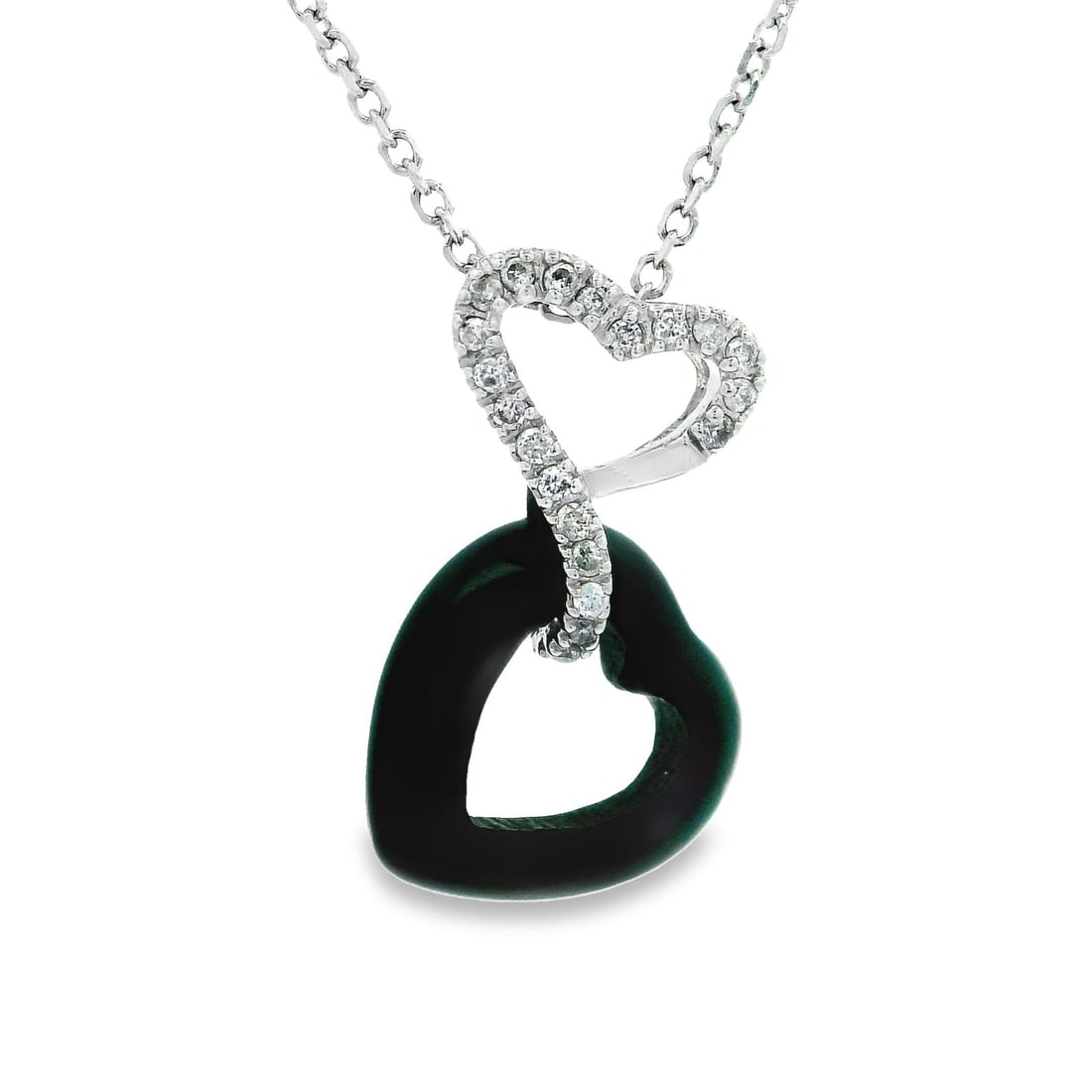 14k White Gold Heart Onyx Diamond Dangle Pendant Necklace: 14k White Gold Heart Onyx Diamond Dangle Pendant Necklace Elevate your jewelry collection with this exquisite 14k white gold heart-shaped pendant necklace featuring a stunning black onyx and shimmerin
