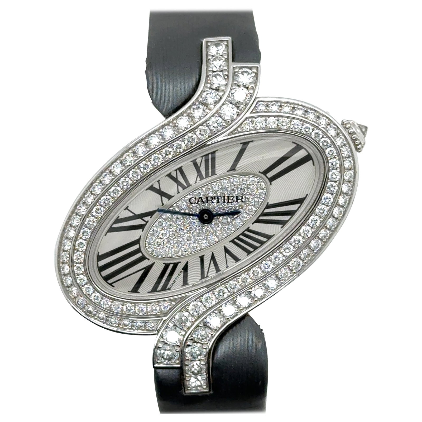 Cartier Delices de Cartier Diamond Watch 18k White Gold Satin Band: Cartier Delices de Cartier Diamond Watch 18k White Gold Satin Band This exquisite Cartier Delices de Cartier diamond watch features an elegant 18k white gold case paired with a luxurious satin band. A