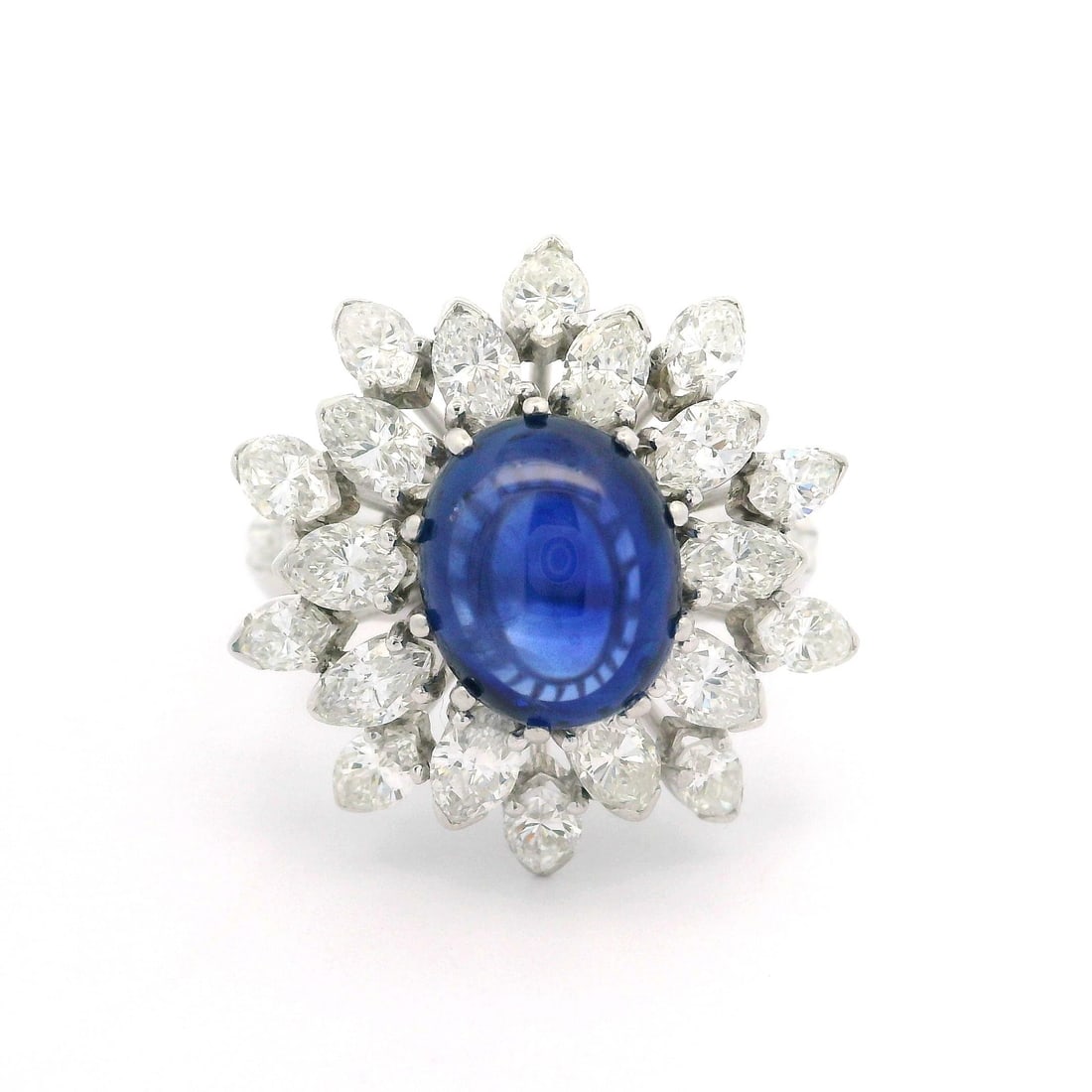 Vintage Platinum GIA 6.50ctw Royal Blue Sapphire Diamond Cocktail Ring: Vintage Platinum GIA 6.50ctw Royal Blue Sapphire Diamond Cocktail Ring This exquisite vintage cocktail ring features a stunning 3.50ct natural genuine royal blue sapphire in a double cabochon cut, bea