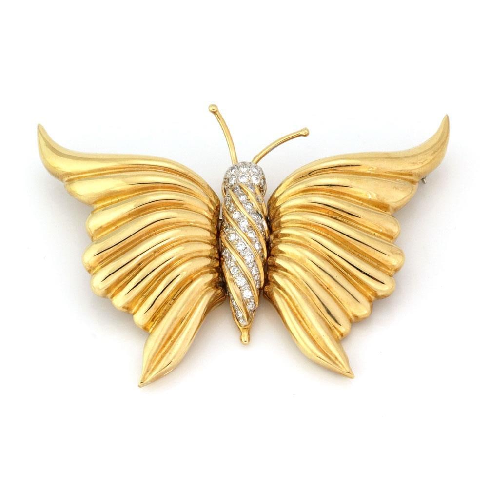 Estate 18k Yellow Gold Large Butterfly Pendant Pin with Diamonds (1 of 4)
